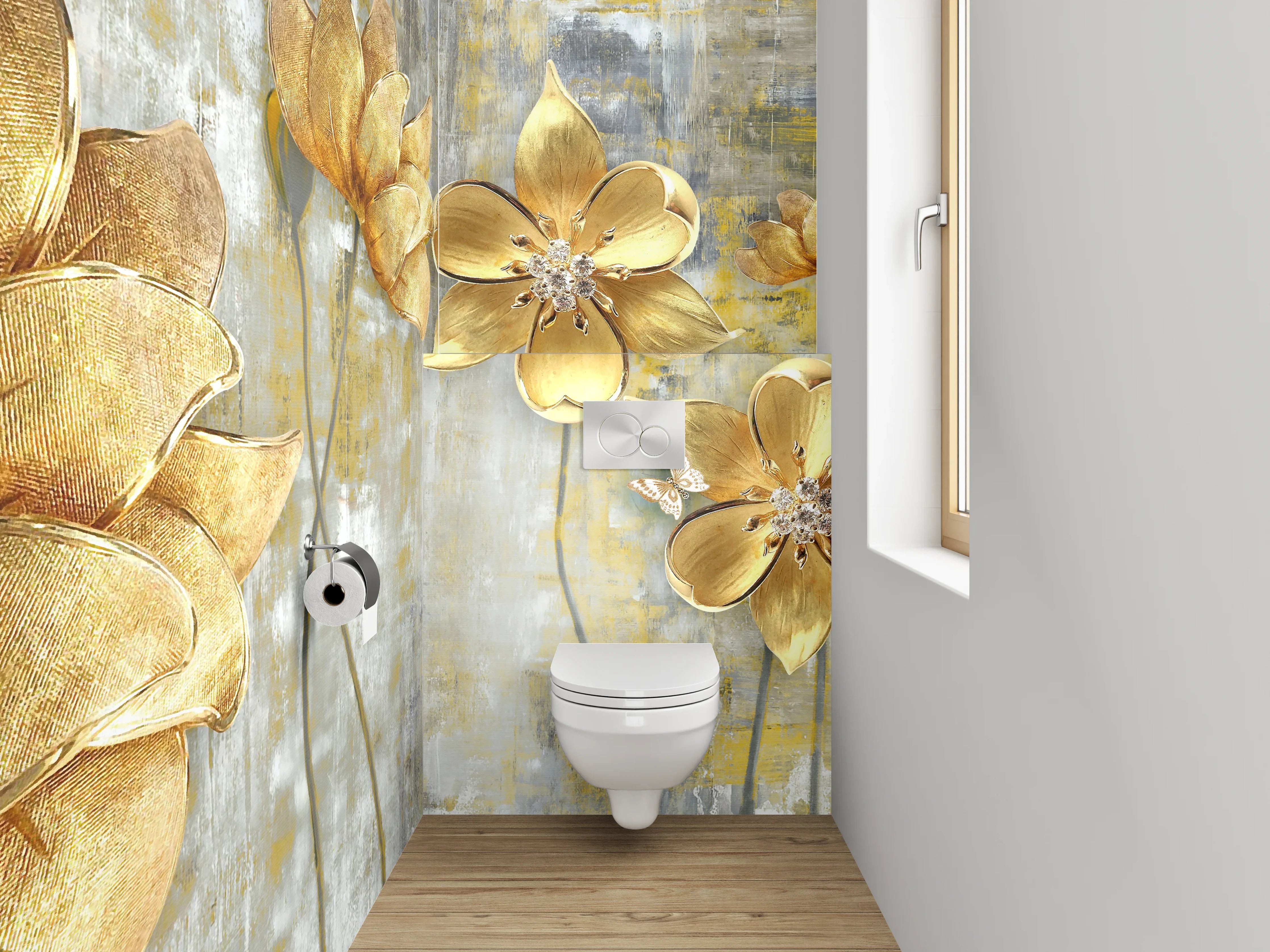 WC-Rückwand - Goldene Blumen auf abstraktem Grund