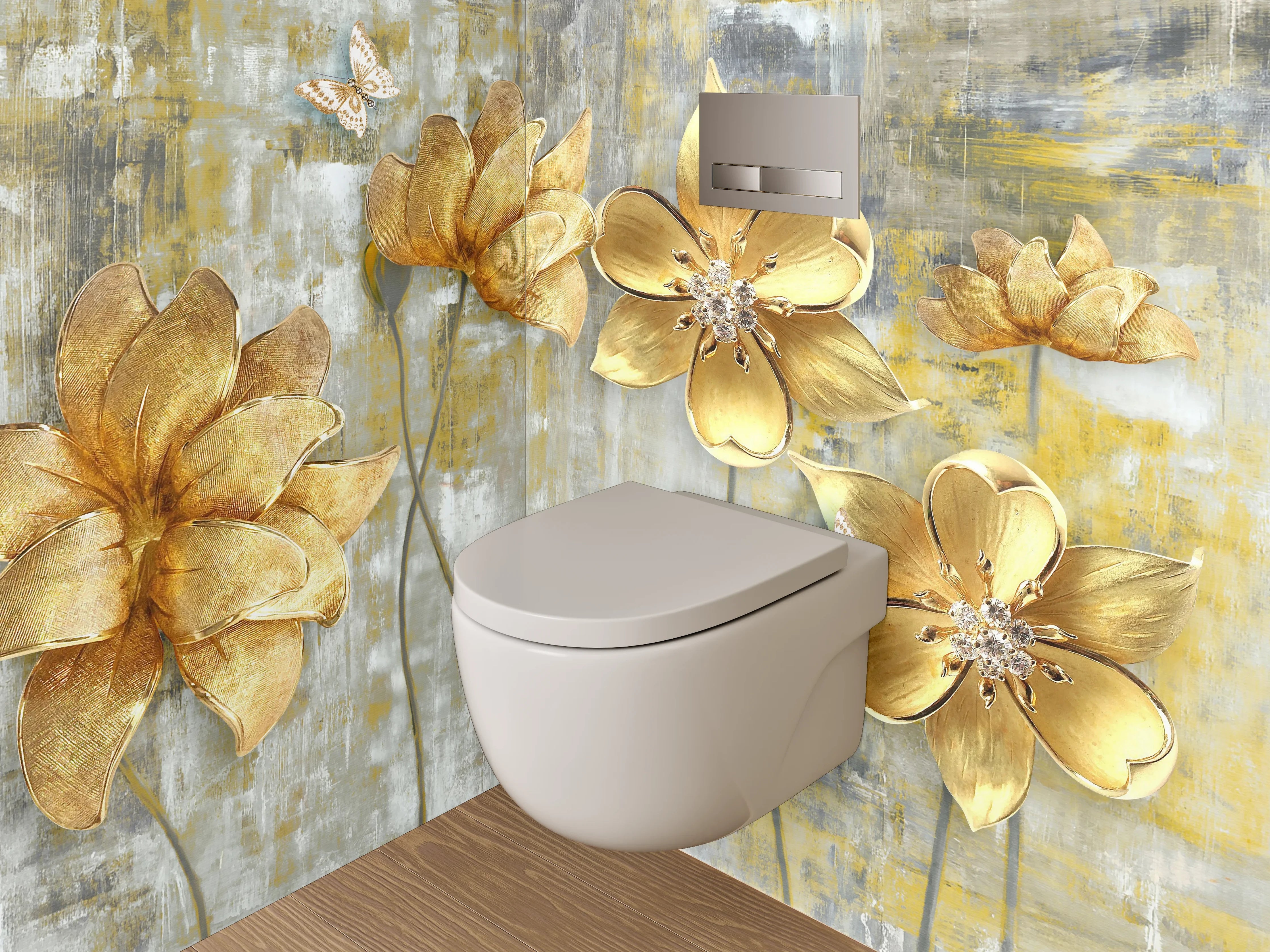 WC-Rückwand - Goldene Blumen auf abstraktem Grund