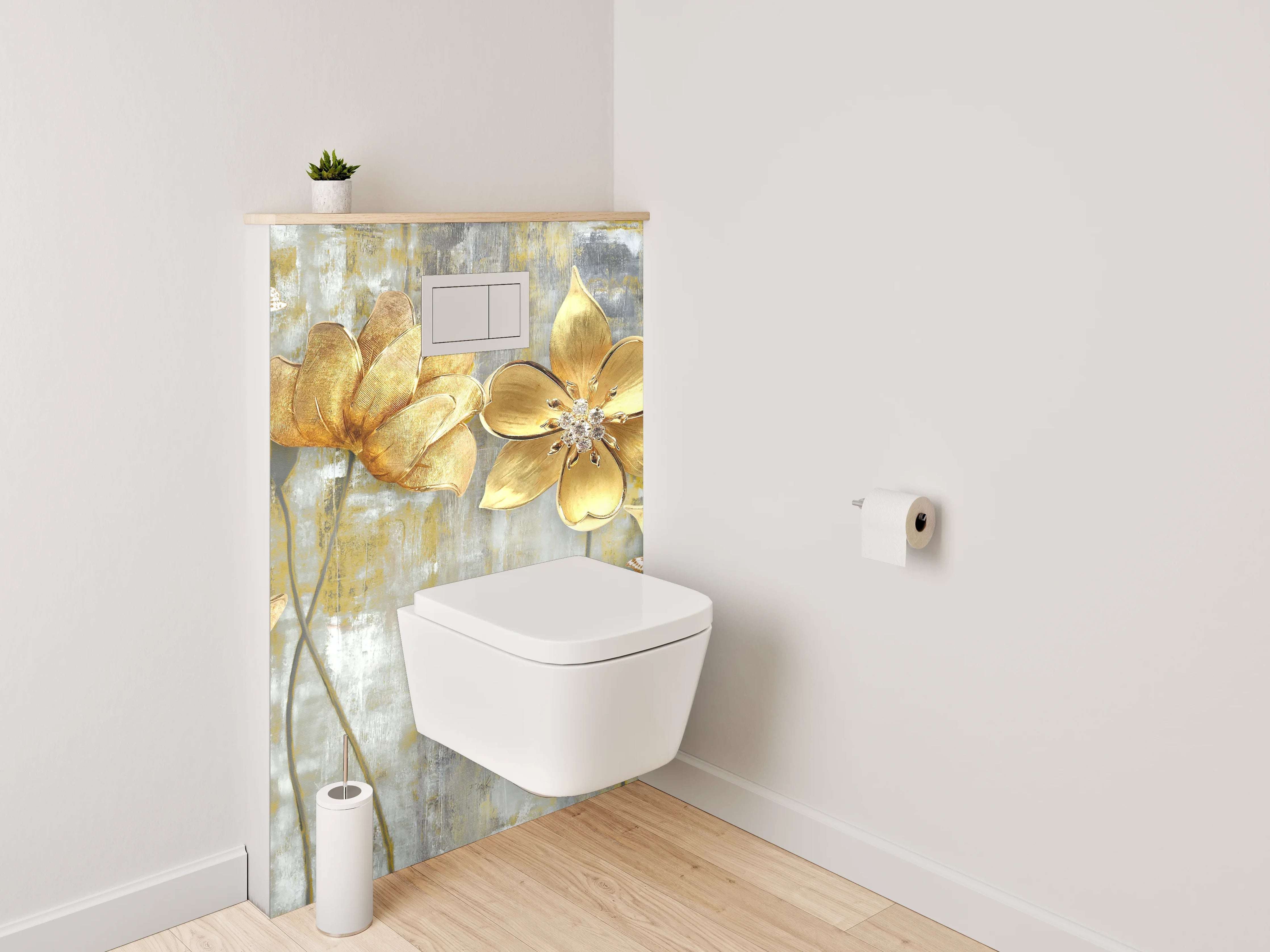 WC-Rückwand - Goldene Blumen auf abstraktem Grund