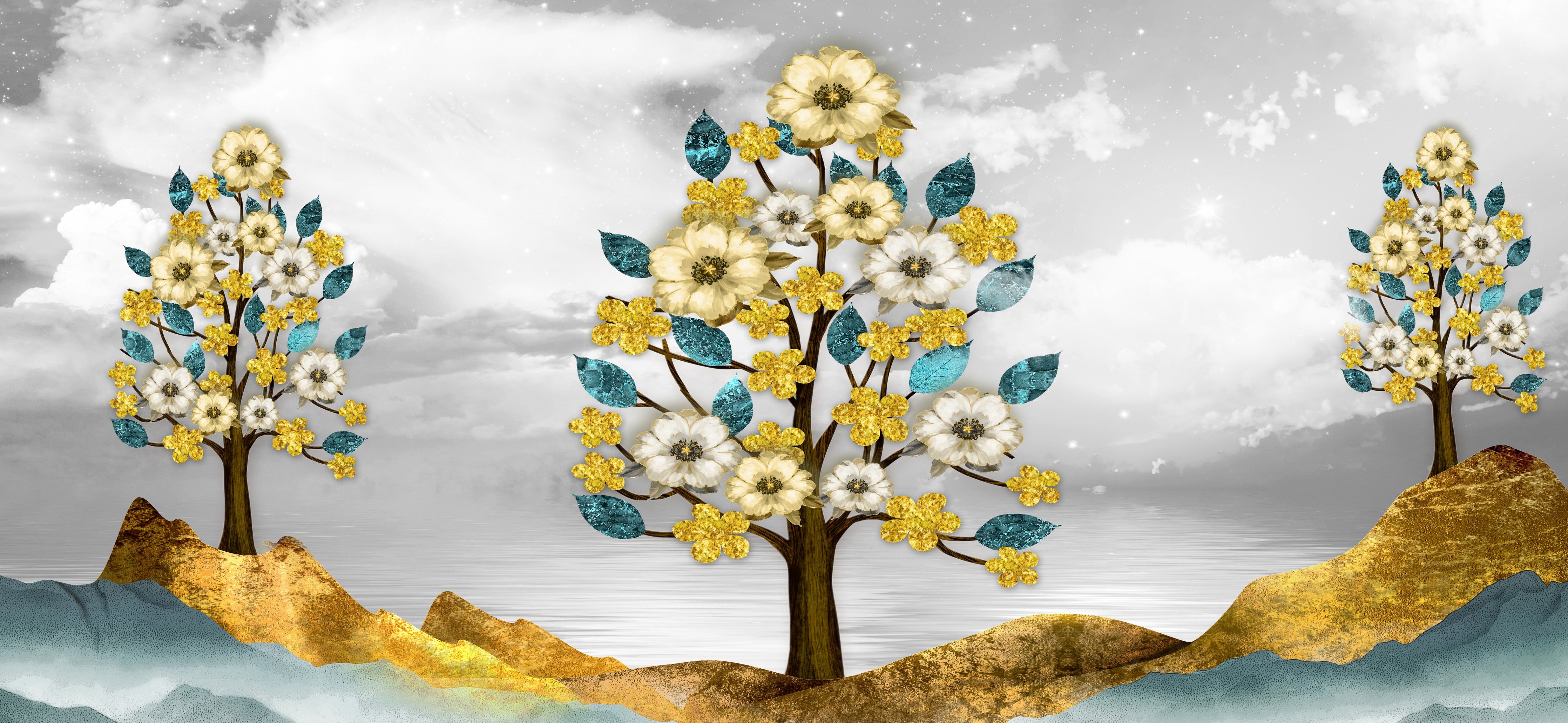 WC-Rückwand-Goldene Blumenbäume auf abstrakter Landschaft