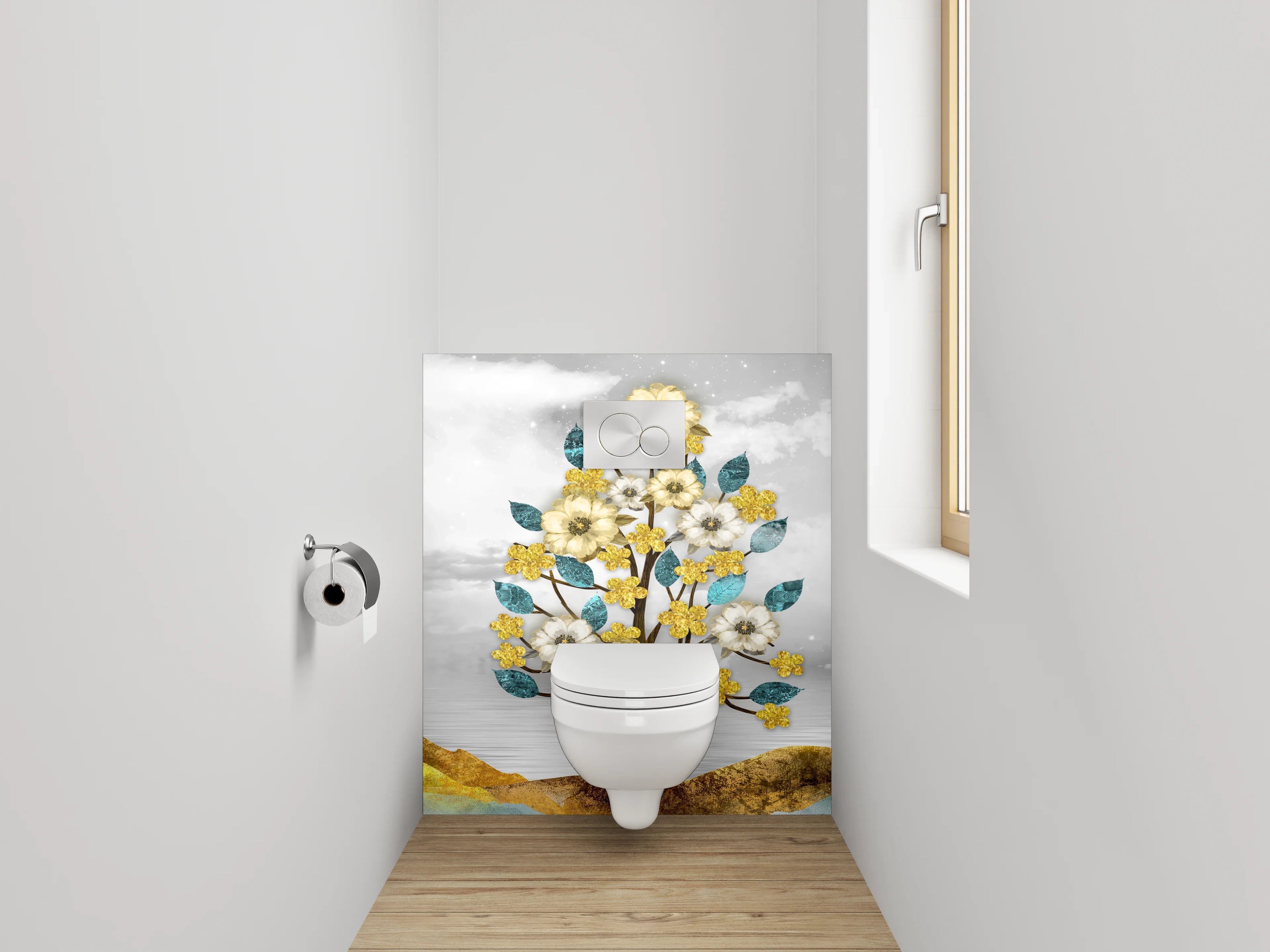 WC-Rückwand - Goldene Blumenbäume auf abstrakter Landschaft