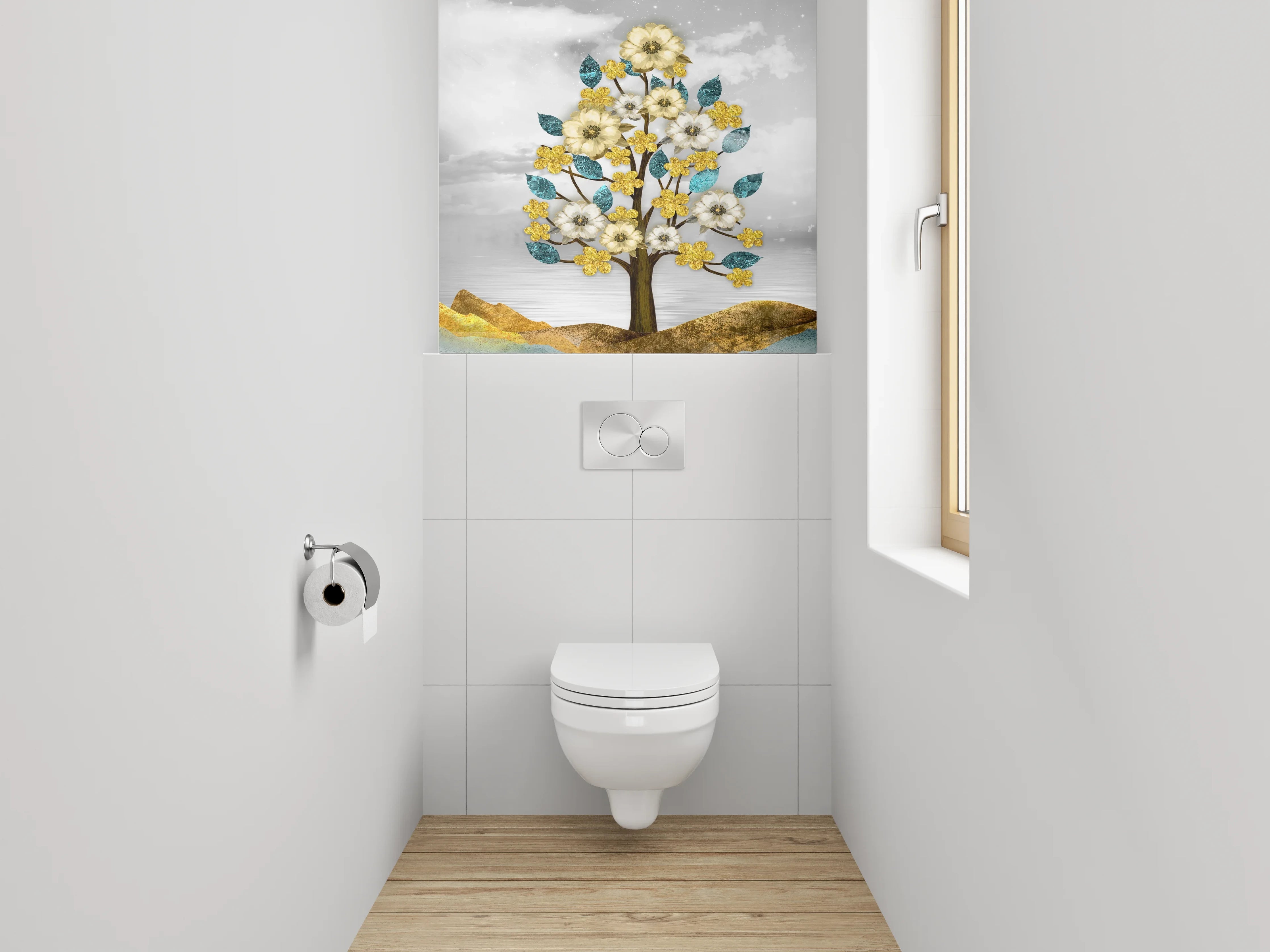 WC-Rückwand - Goldene Blumenbäume auf abstrakter Landschaft
