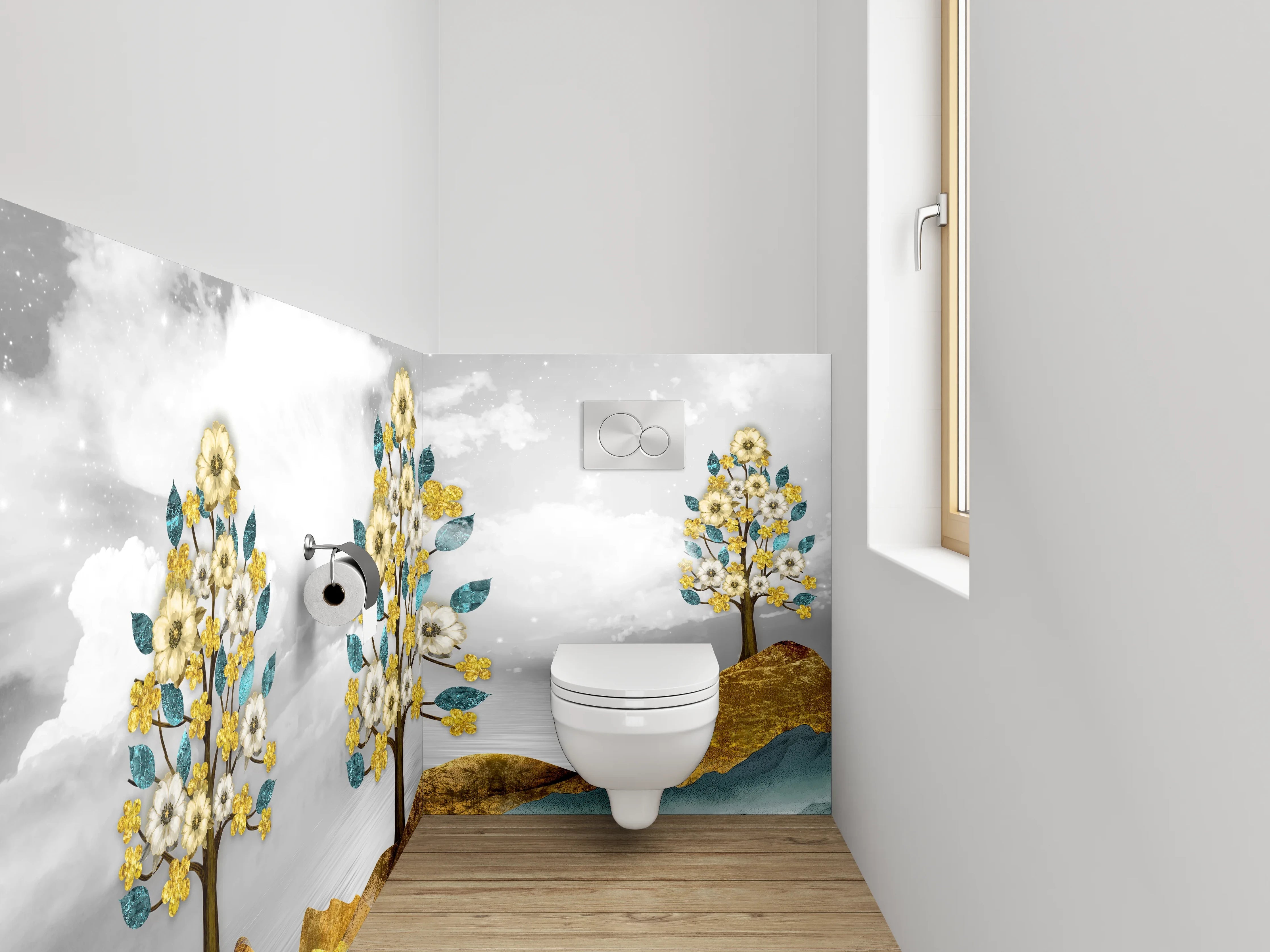 WC-Rückwand - Goldene Blumenbäume auf abstrakter Landschaft