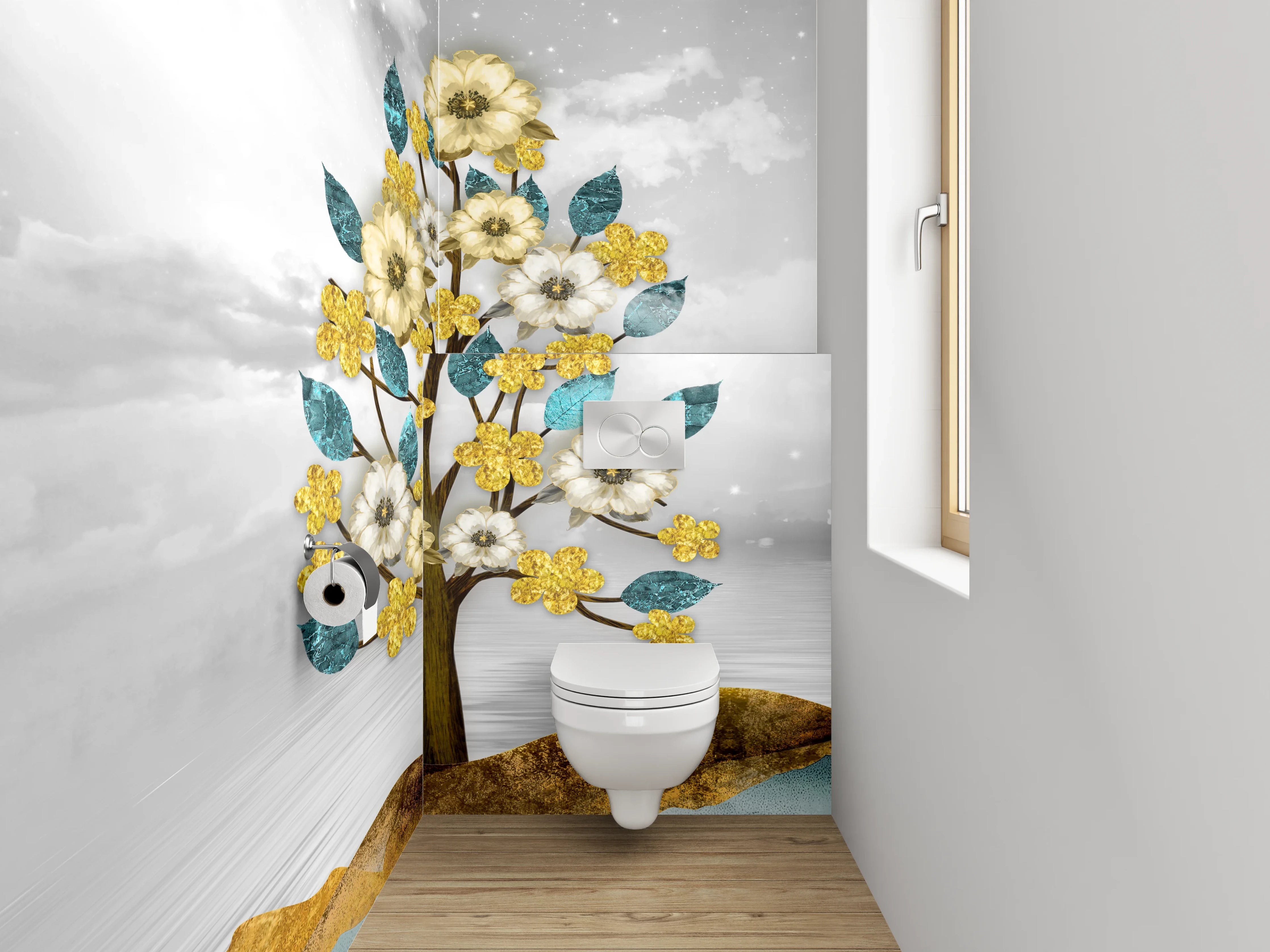 WC-Rückwand - Goldene Blumenbäume auf abstrakter Landschaft