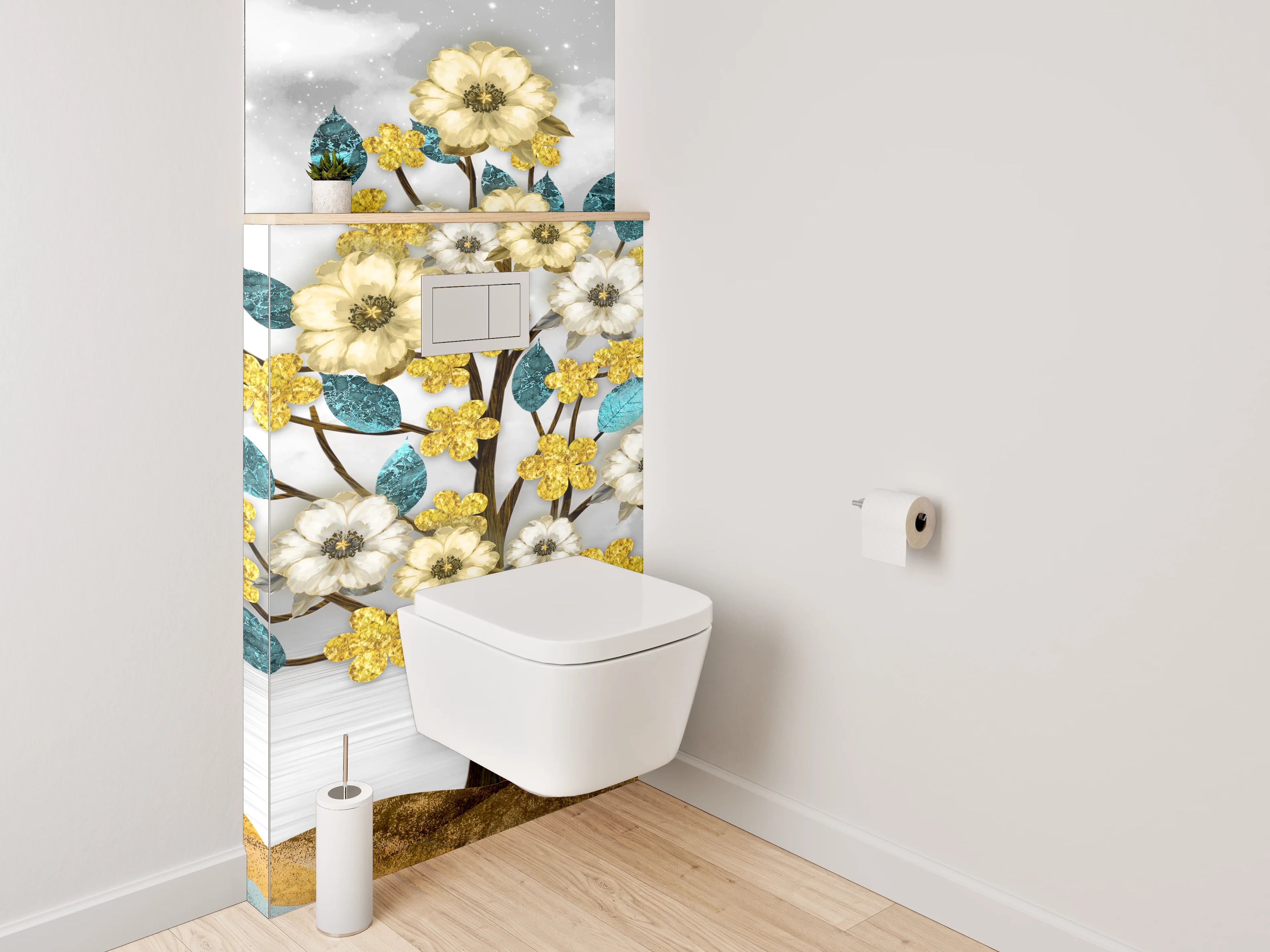 WC-Rückwand - Goldene Blumenbäume auf abstrakter Landschaft