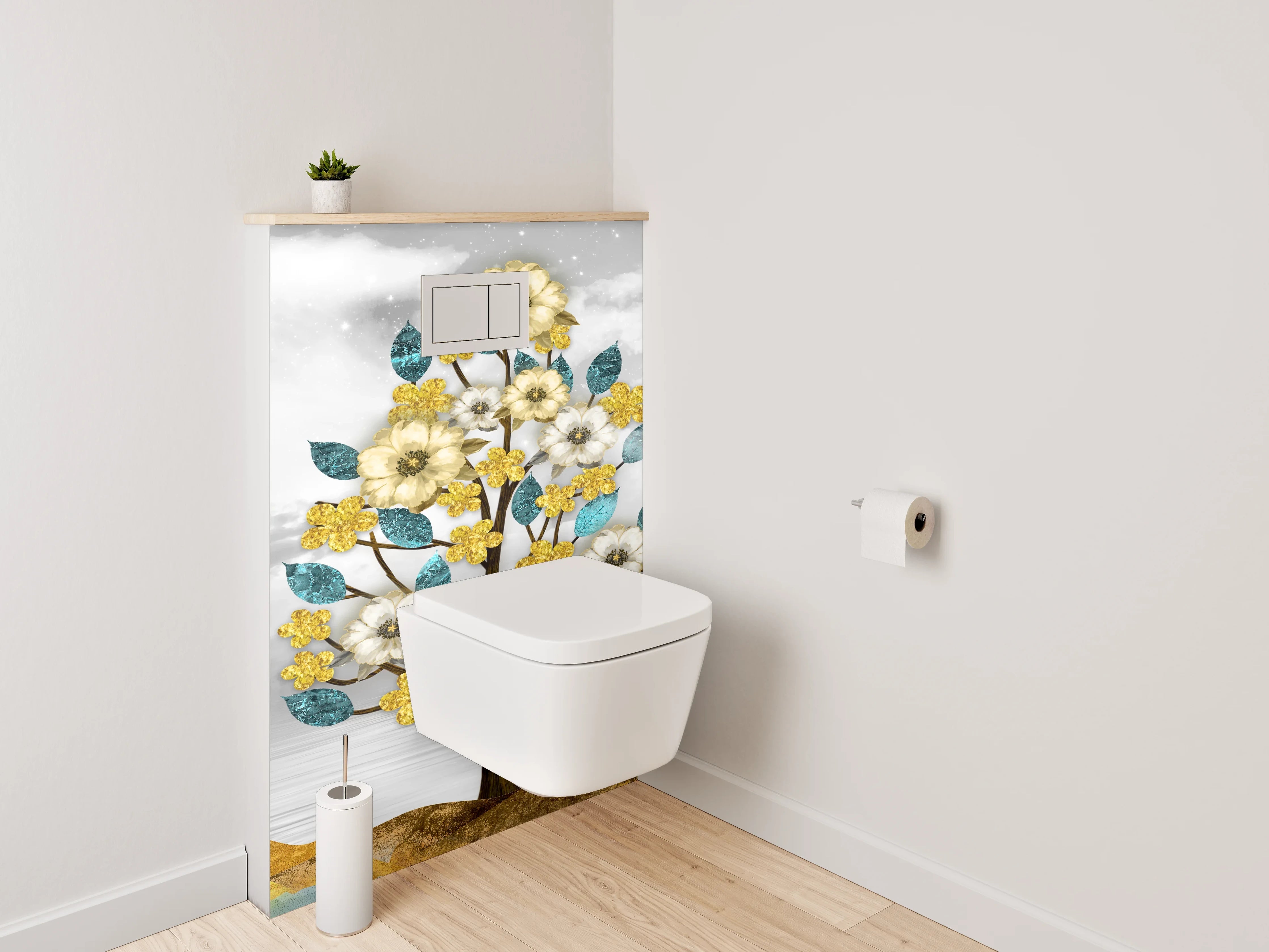 WC-Rückwand - Goldene Blumenbäume auf abstrakter Landschaft