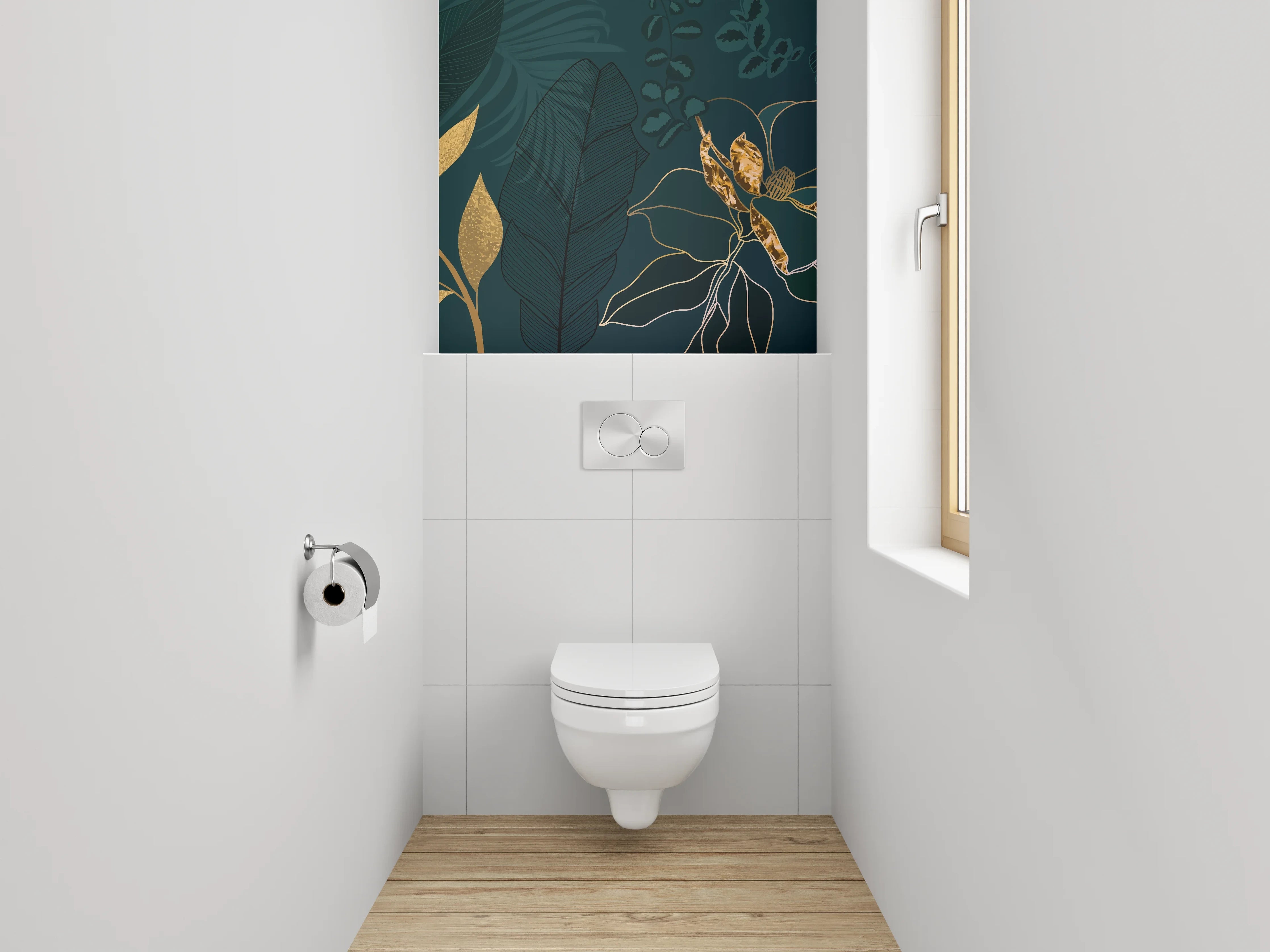 WC-Rückwand - Goldene Botanical Lineart auf Dunkelgrün