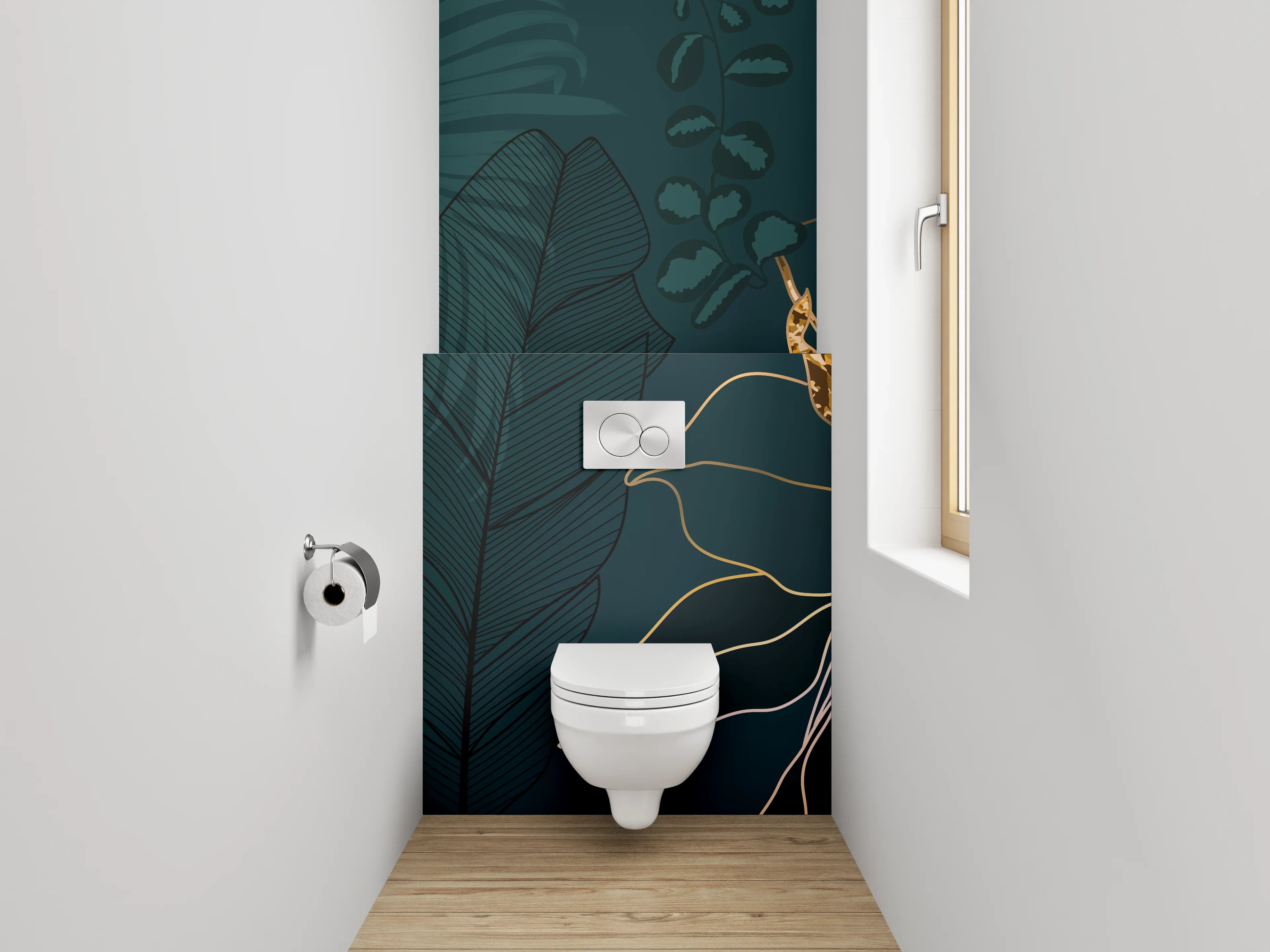 WC-Rückwand - Goldene Botanical Lineart auf Dunkelgrün