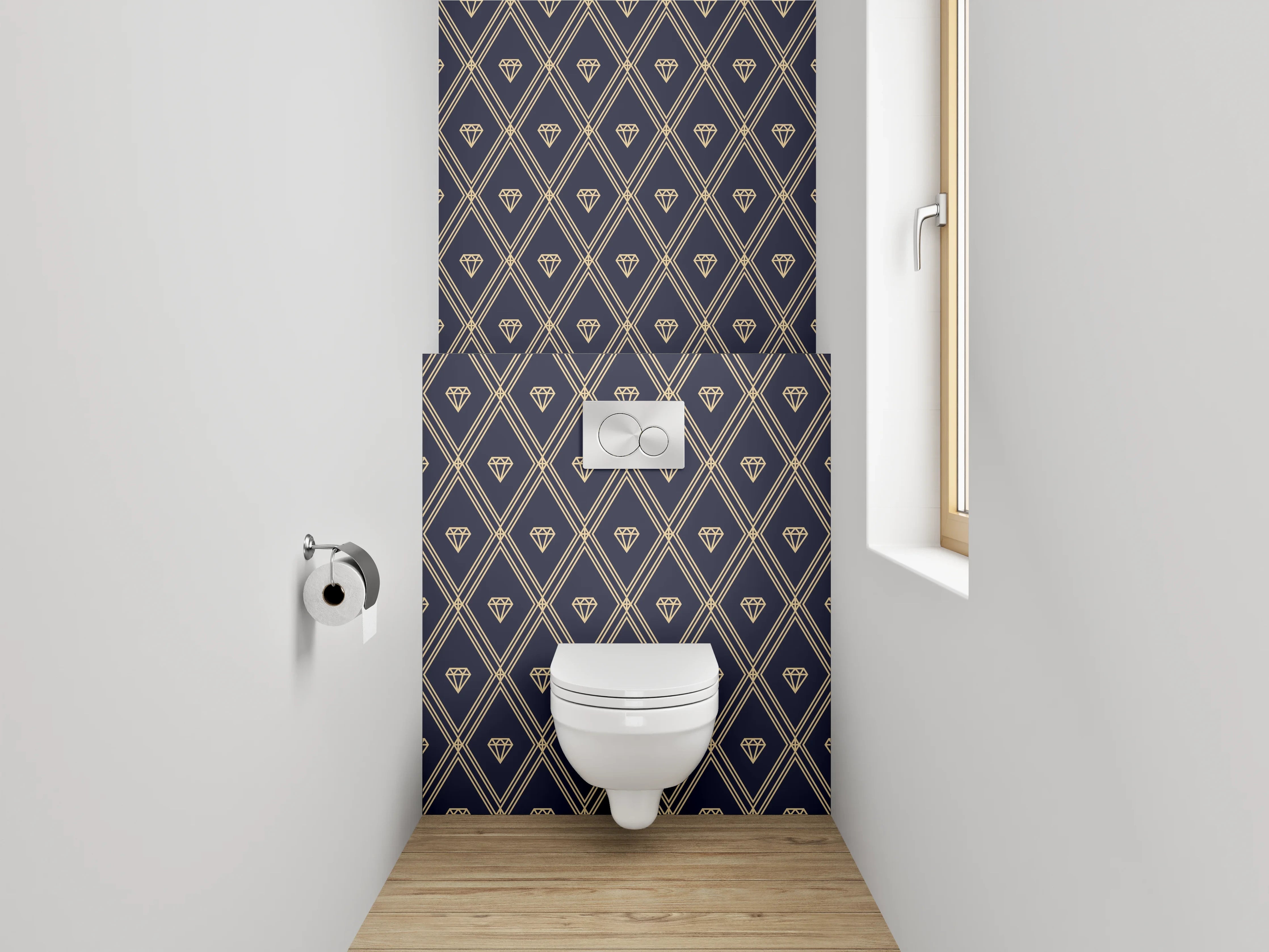 WC-Rückwand - Goldene Diamant-Muster Tapete Dunkelblau