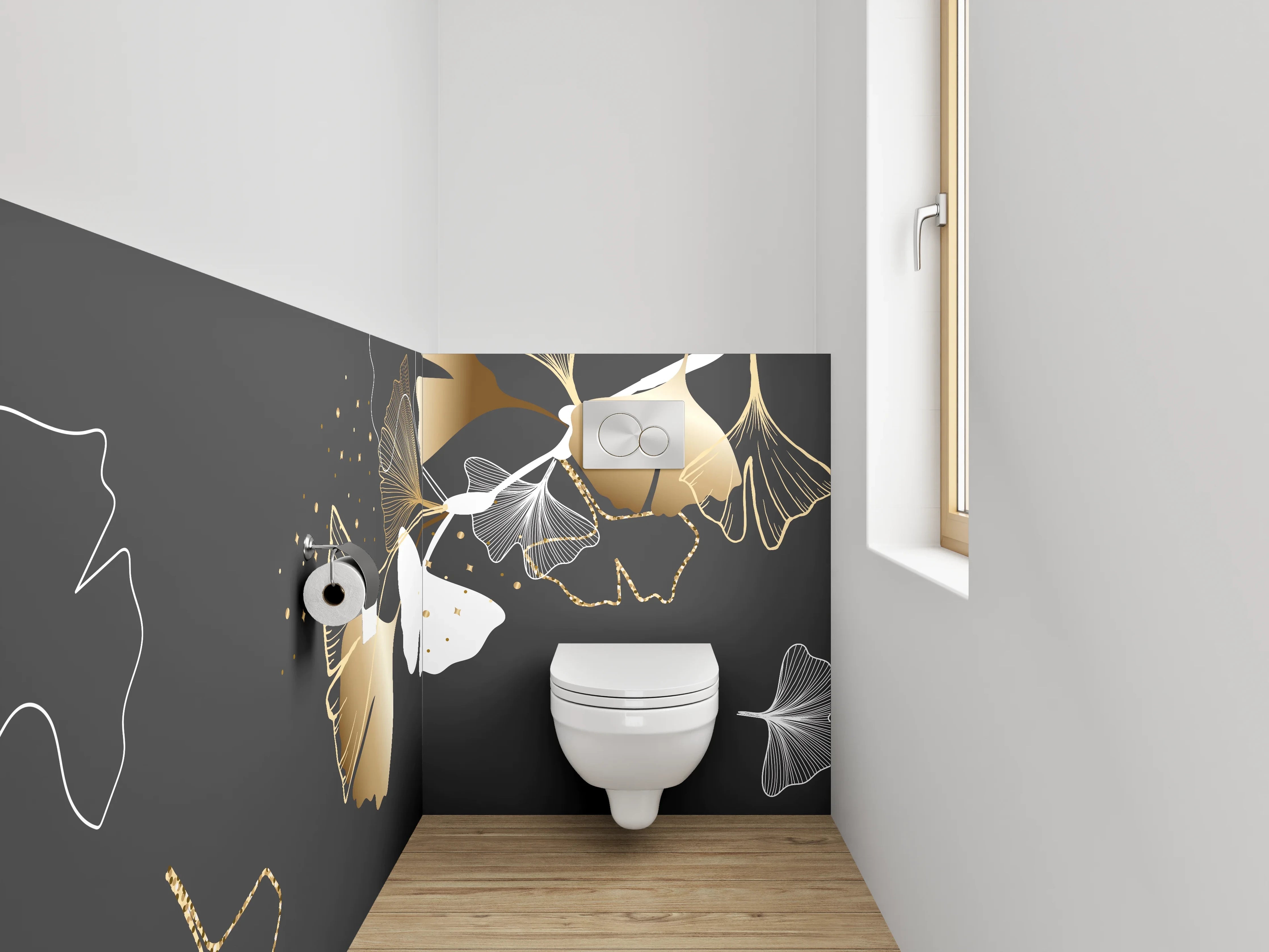 WC-Rückwand - Goldene Ginkgo-Blätter auf Schwarz