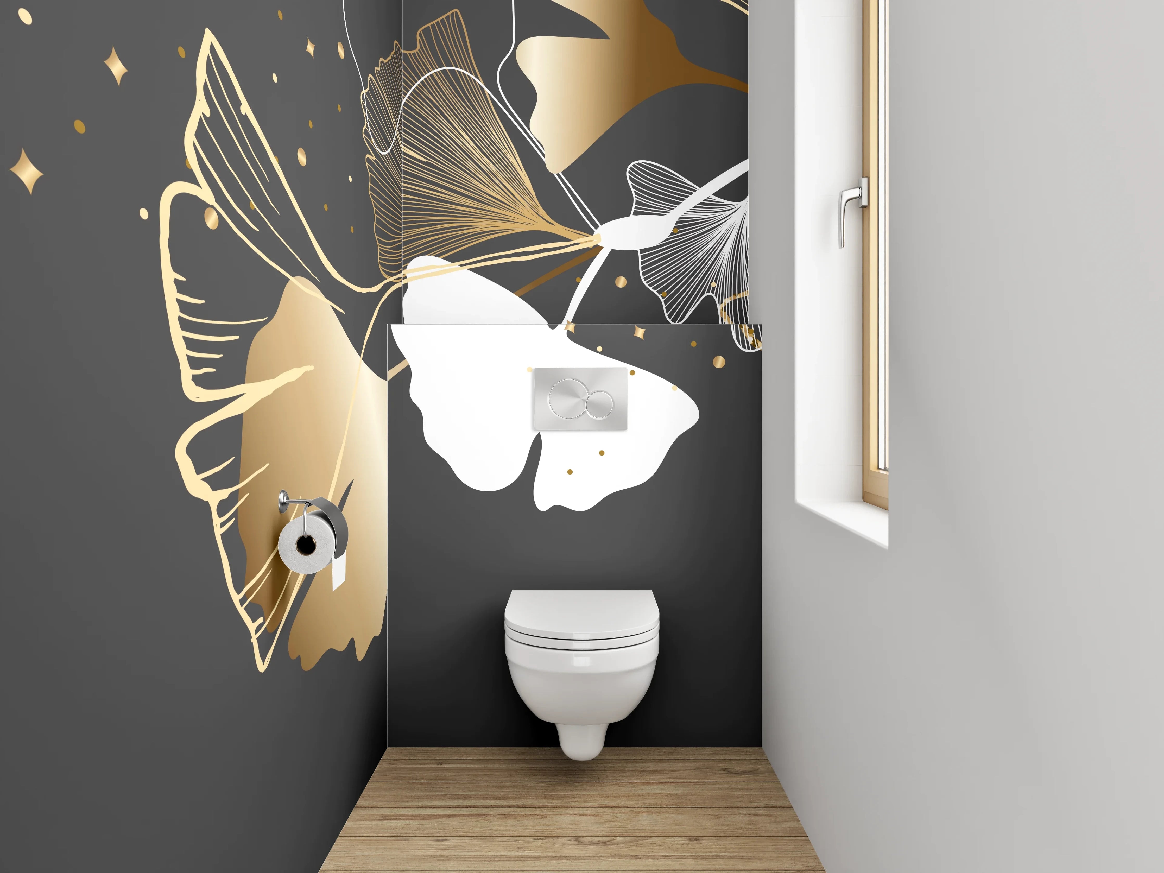 WC-Rückwand - Goldene Ginkgo-Blätter auf Schwarz