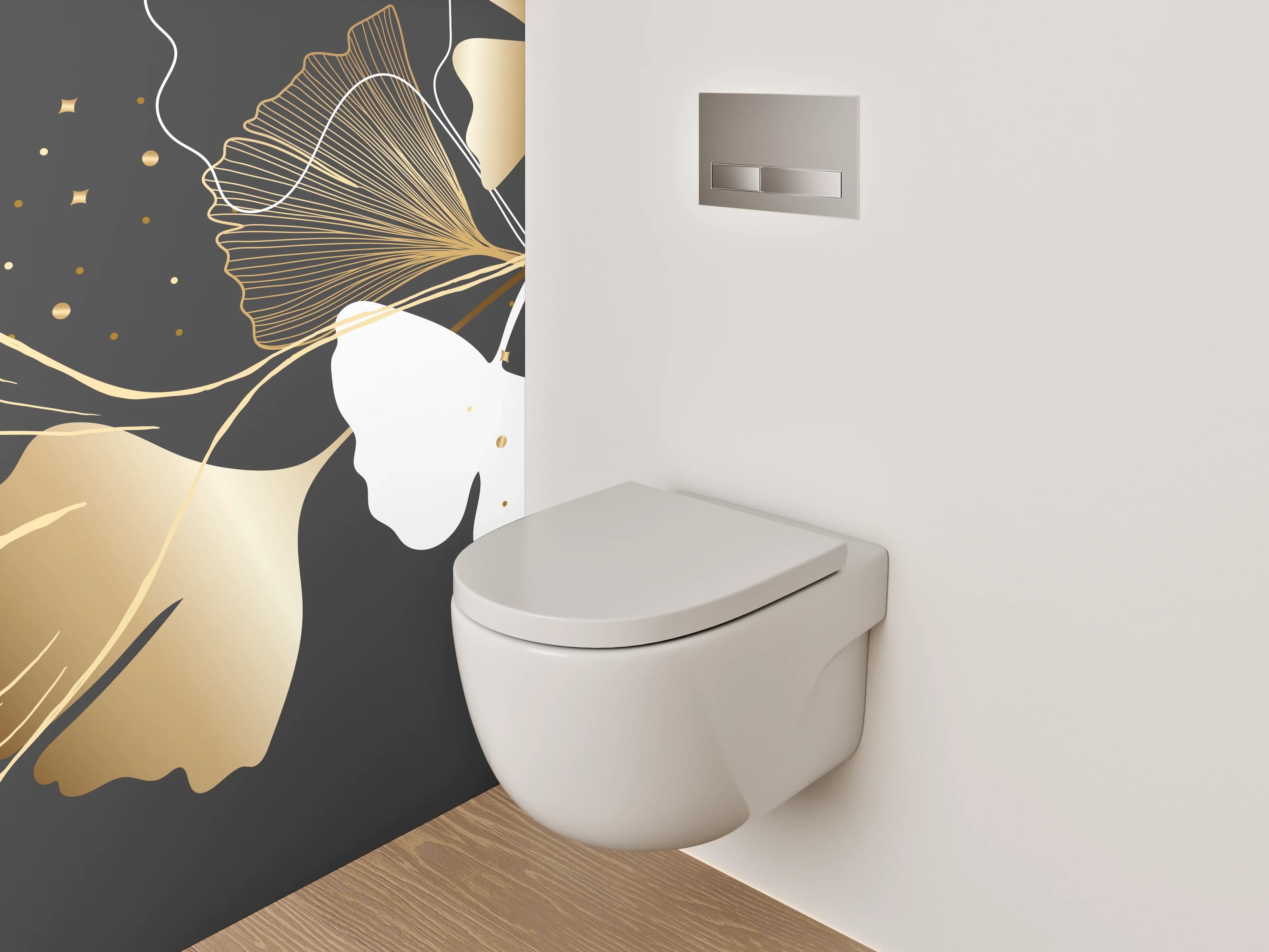 WC-Rückwand - Goldene Ginkgo-Blätter auf Schwarz