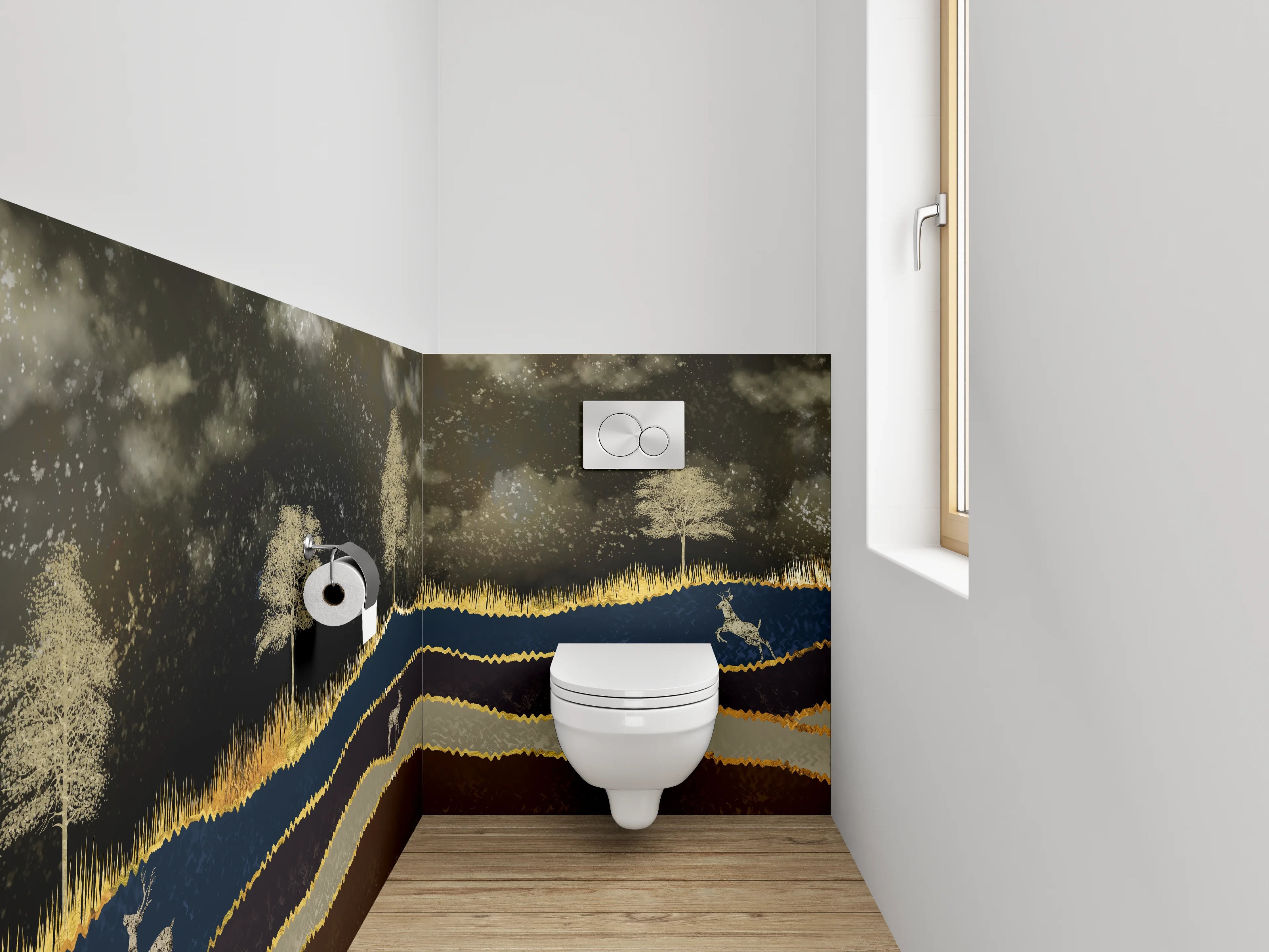 WC-Rückwand - Goldene Hirsch-Landschaft im Mondlicht