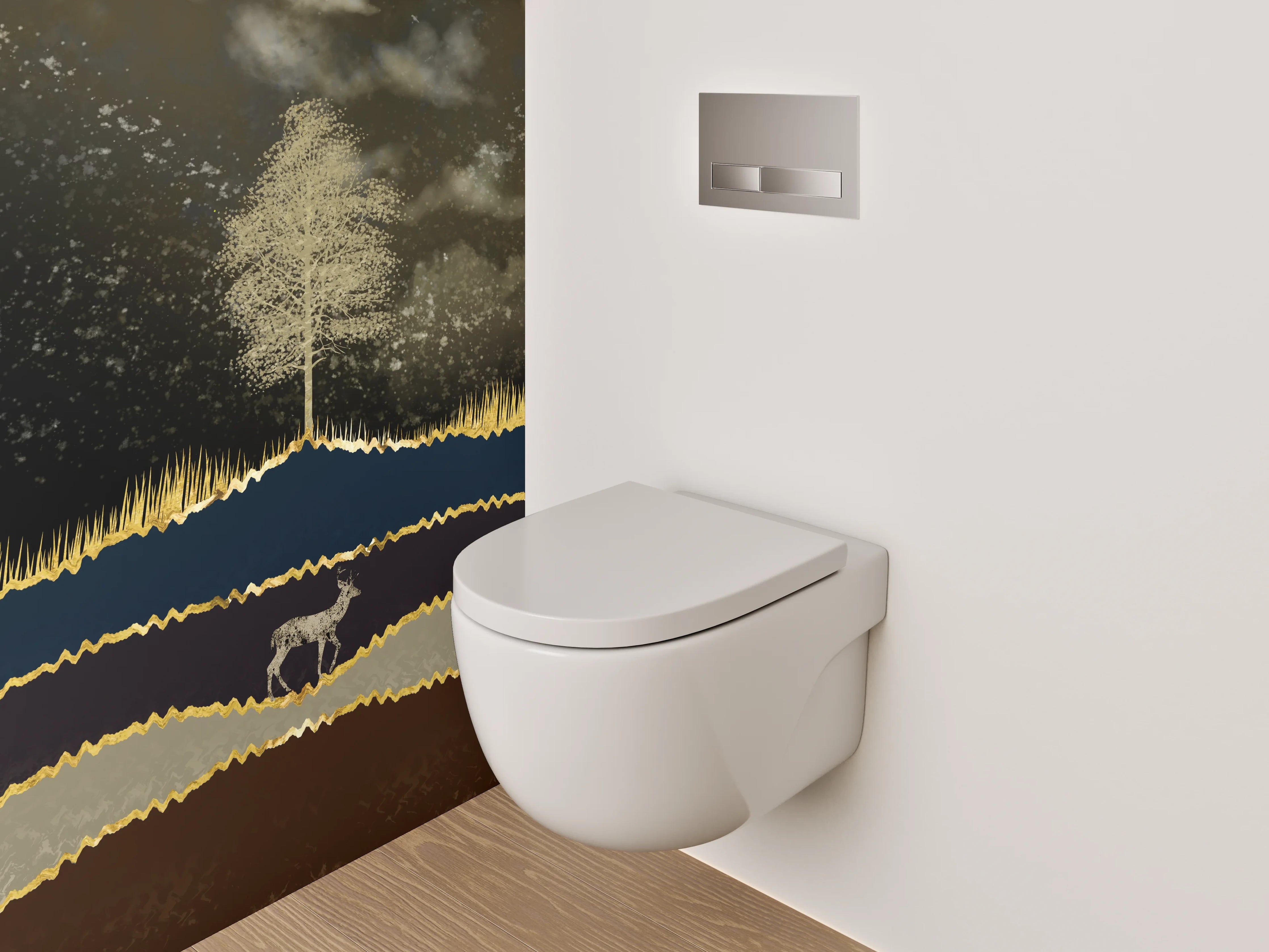 WC-Rückwand - Goldene Hirsch-Landschaft im Mondlicht