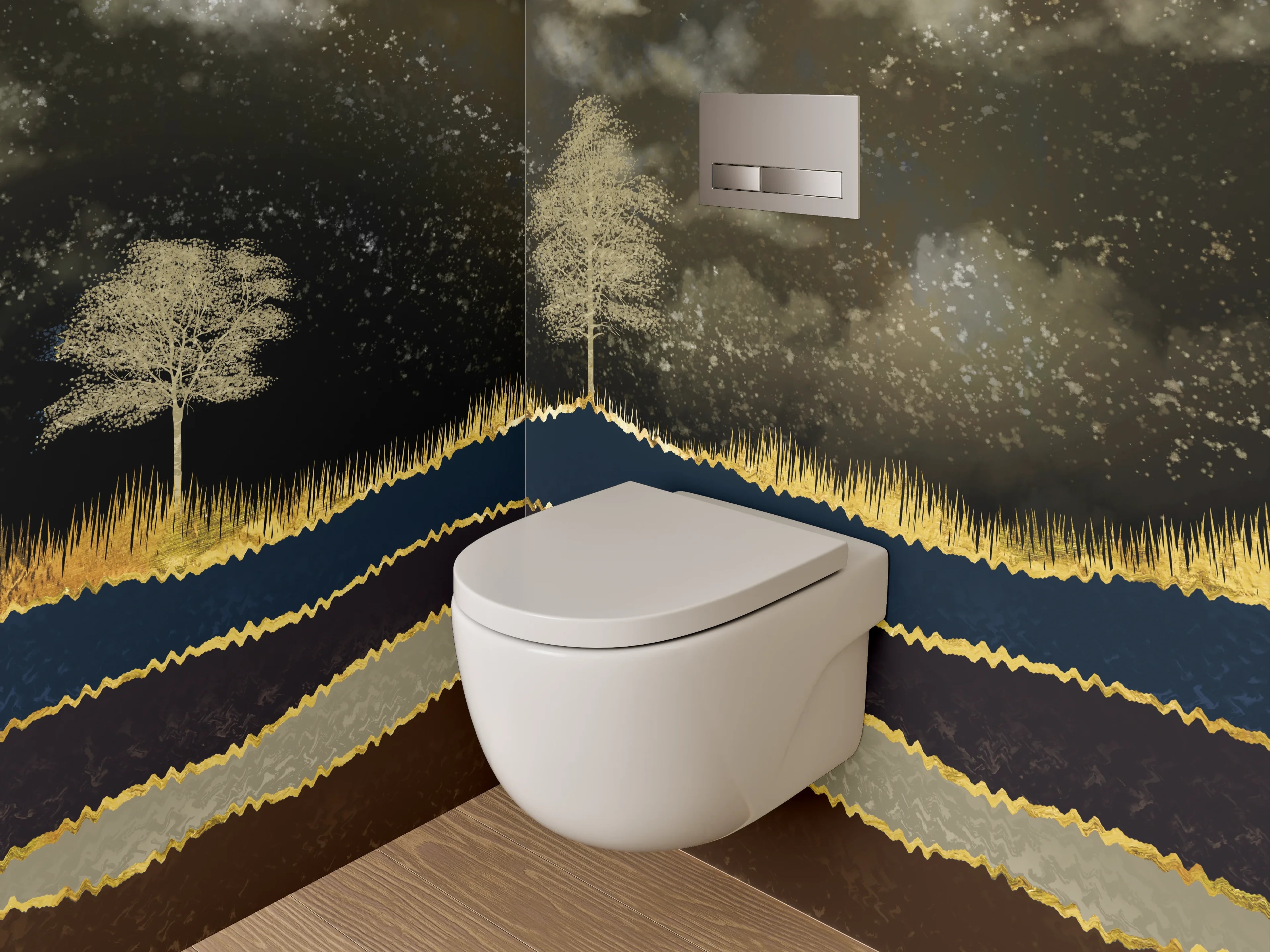 WC-Rückwand - Goldene Hirsch-Landschaft im Mondlicht