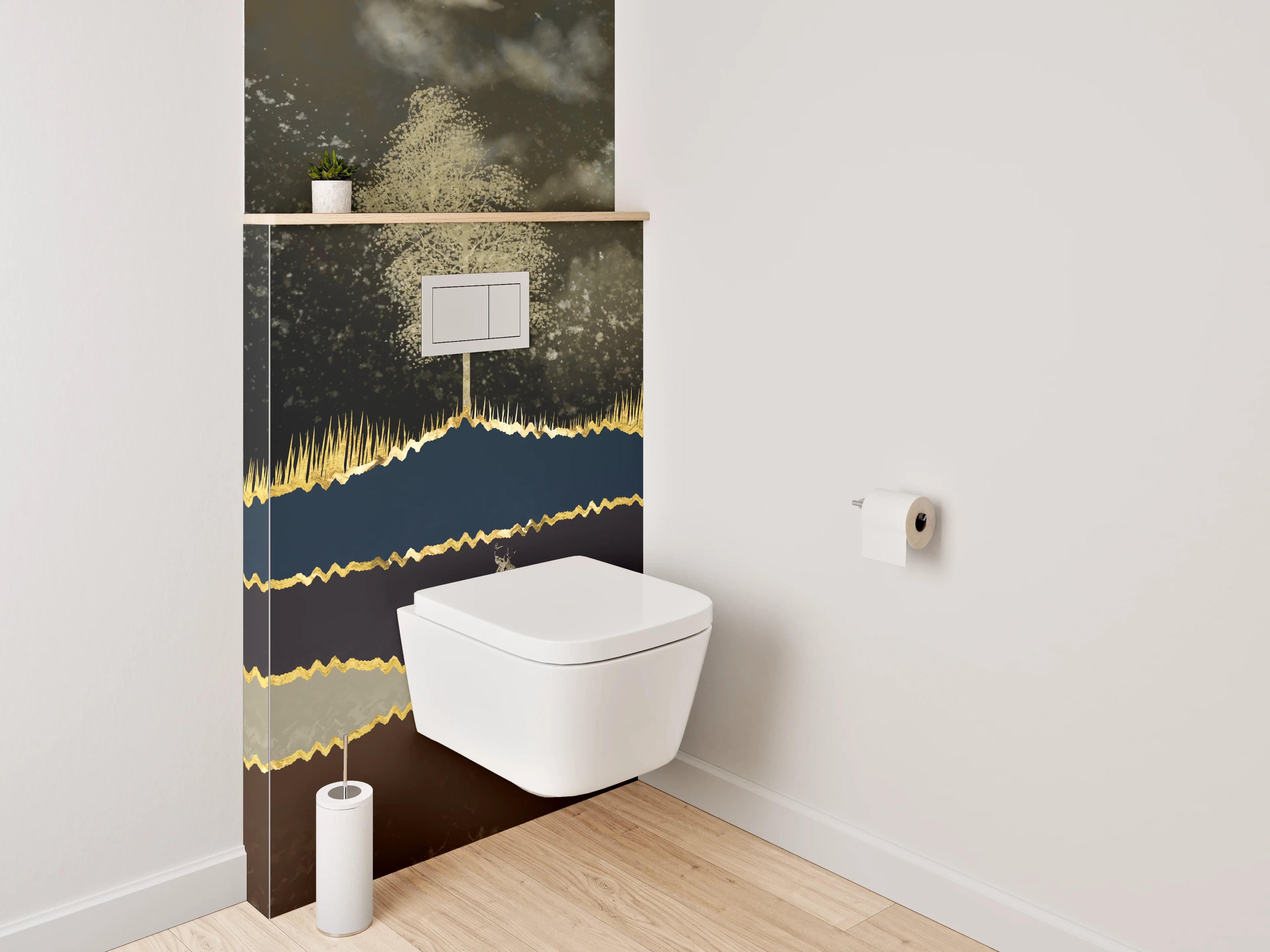 WC-Rückwand - Goldene Hirsch-Landschaft im Mondlicht