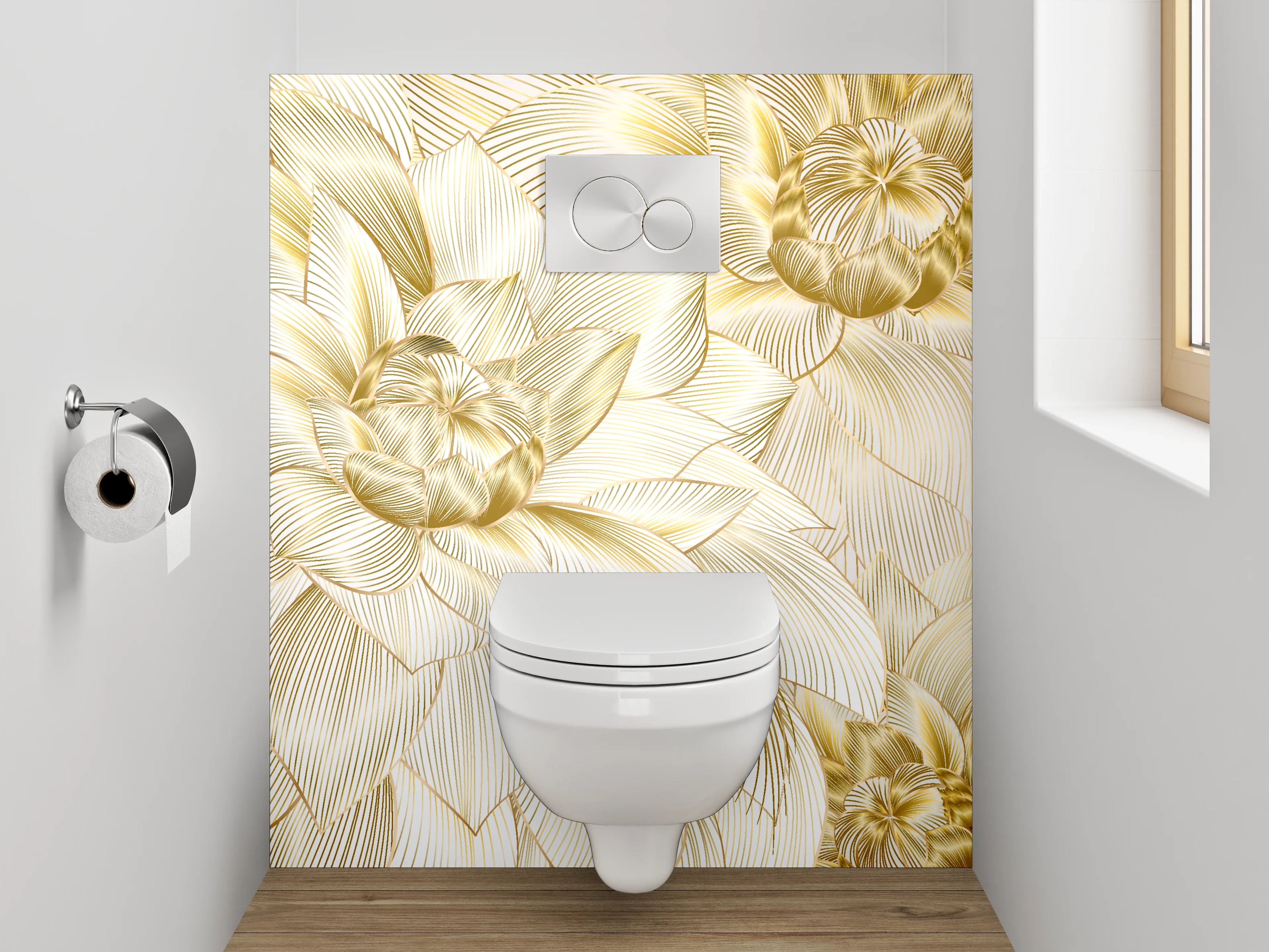 WC-Rückwand - Goldene Lineart-Blüten auf Creme