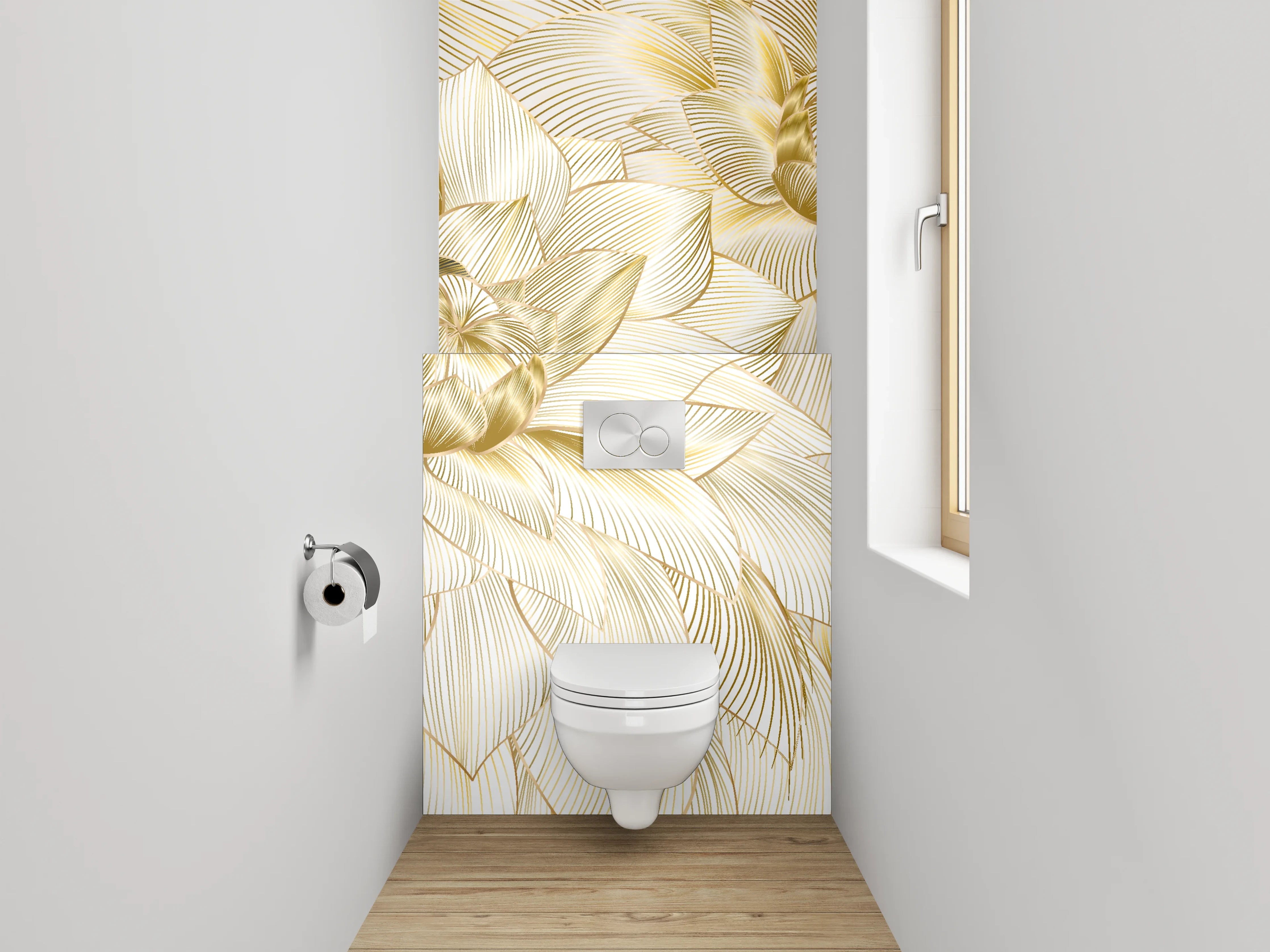 WC-Rückwand - Goldene Lineart-Blüten auf Creme