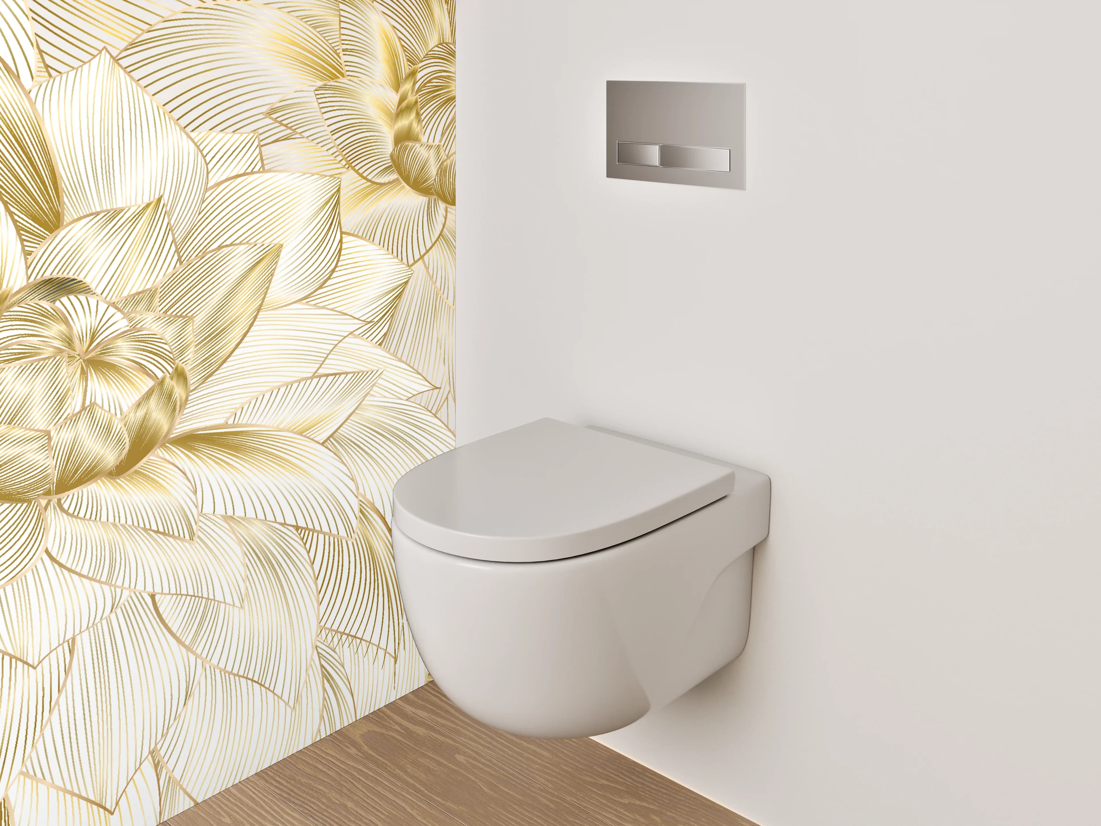WC-Rückwand - Goldene Lineart-Blüten auf Creme