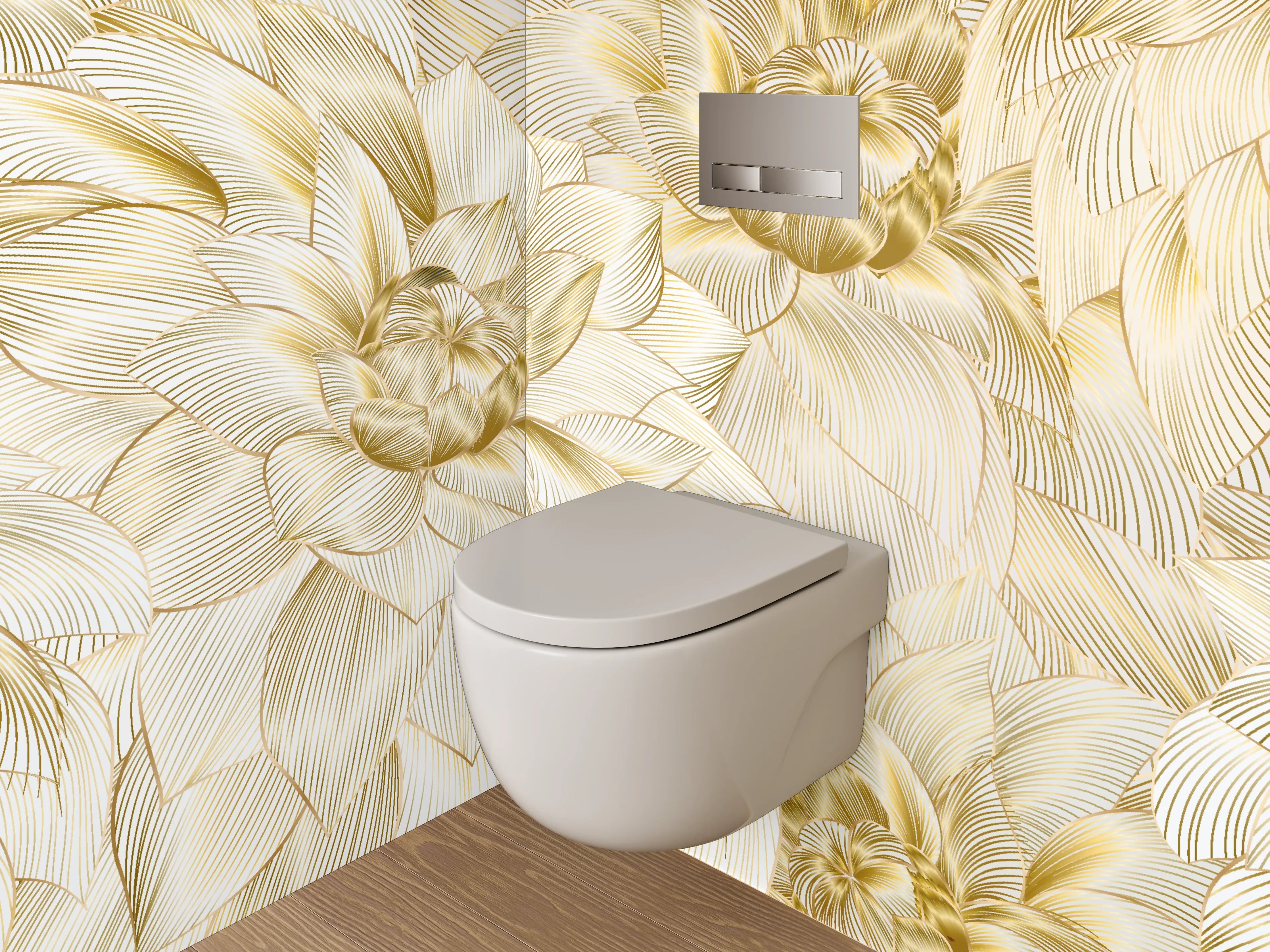 WC-Rückwand - Goldene Lineart-Blüten auf Creme