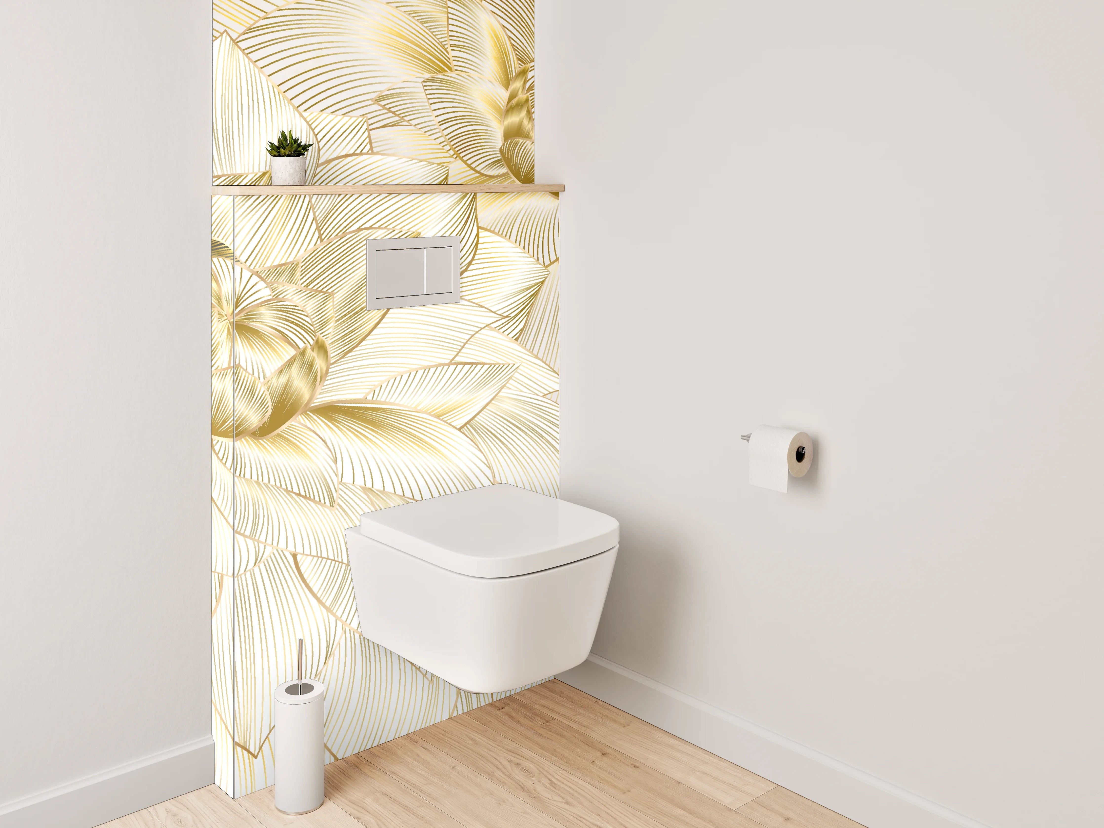 WC-Rückwand - Goldene Lineart-Blüten auf Creme