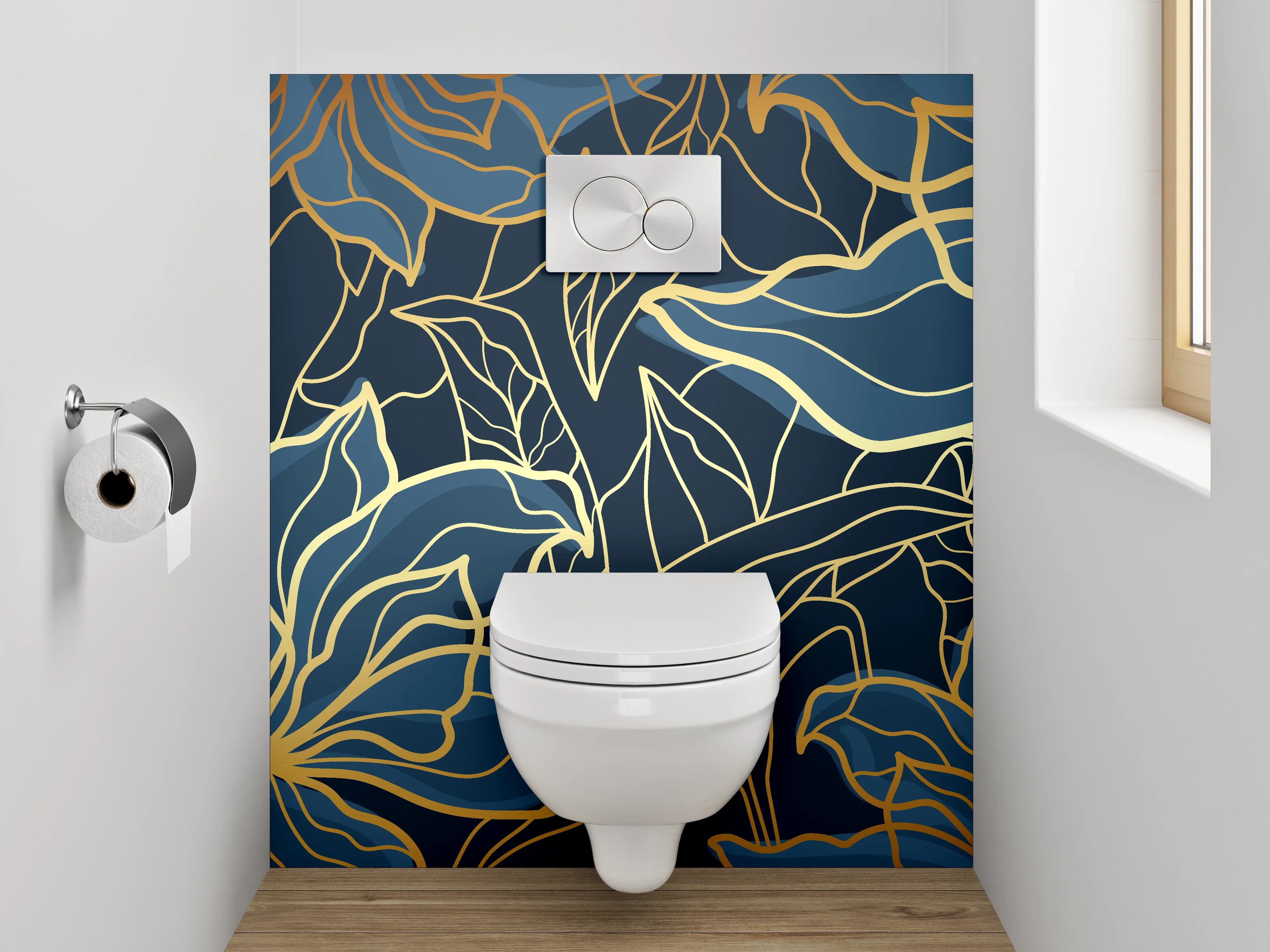 WC-Rückwand - Goldene Lineart-Blumen auf Dunkelblau