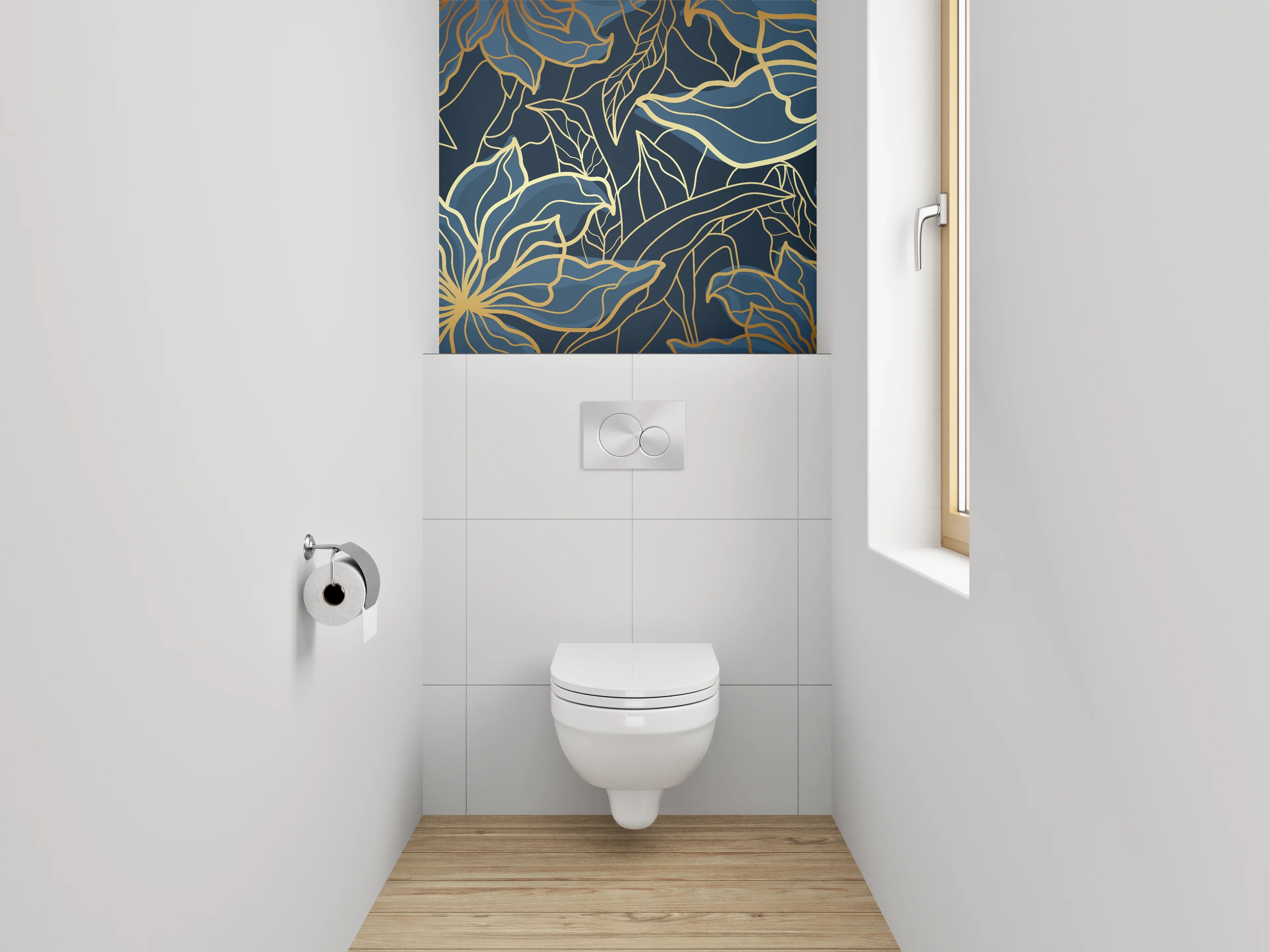 WC-Rückwand - Goldene Lineart-Blumen auf Dunkelblau