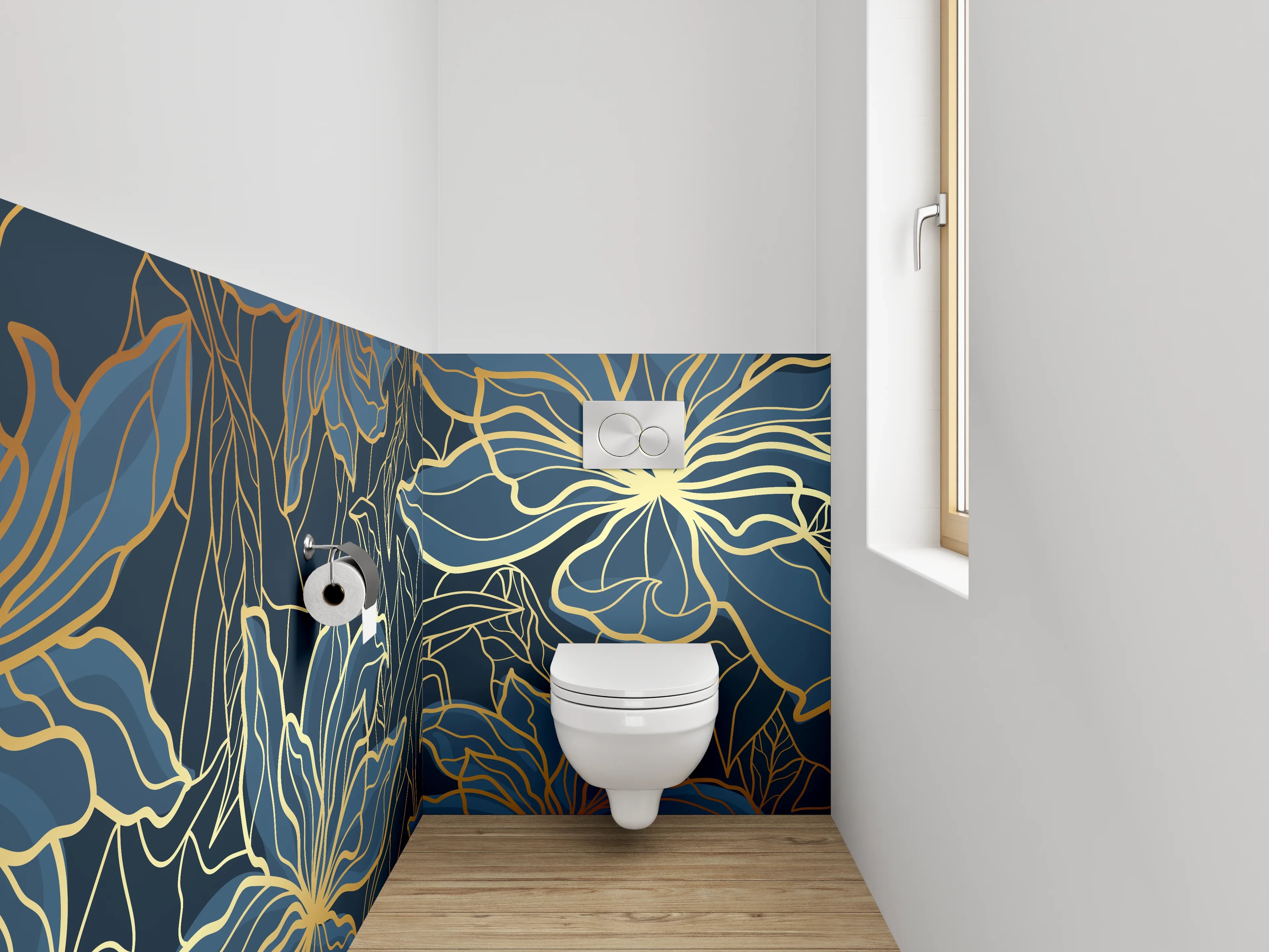 WC-Rückwand - Goldene Lineart-Blumen auf Dunkelblau