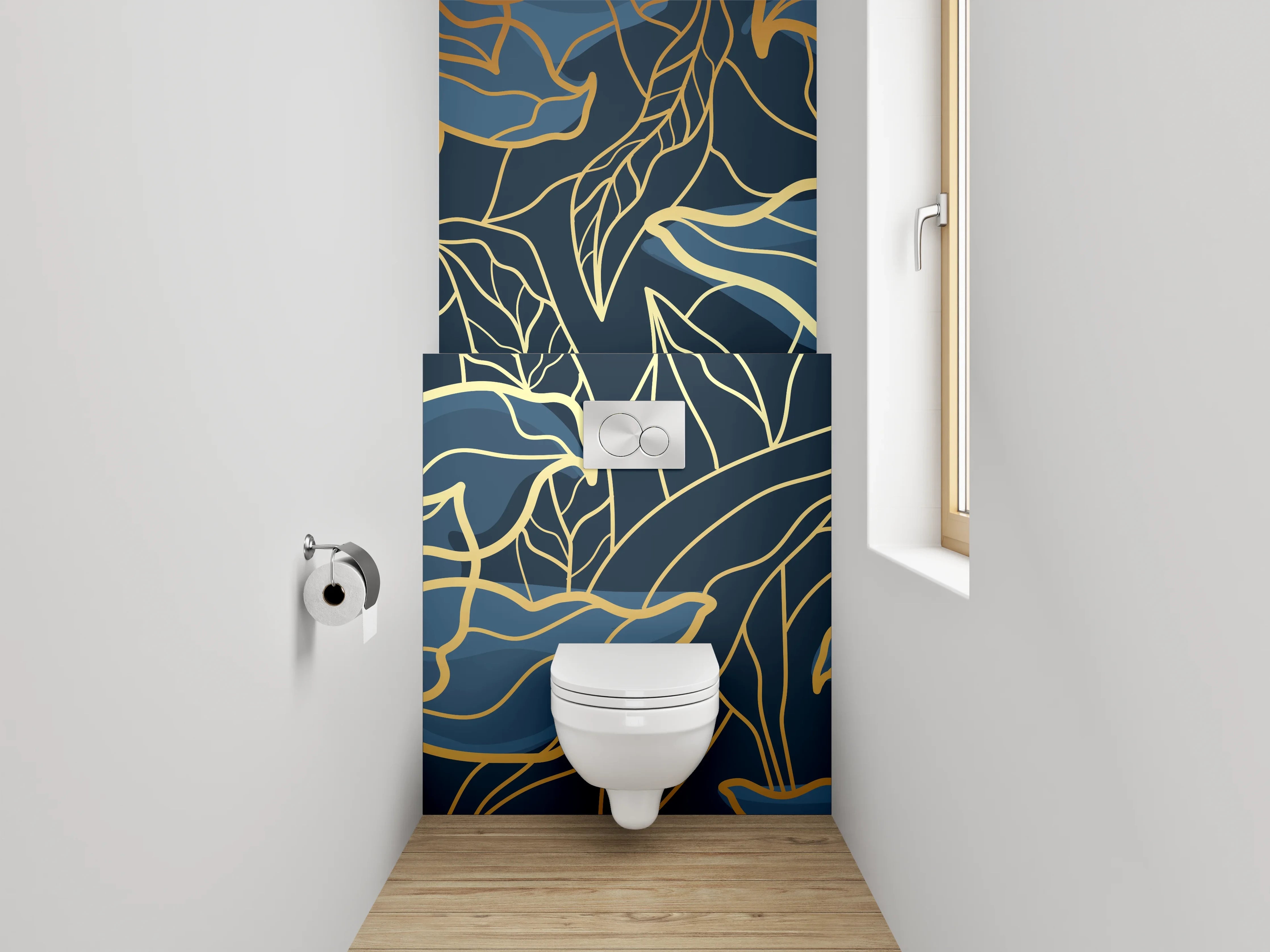 WC-Rückwand - Goldene Lineart-Blumen auf Dunkelblau