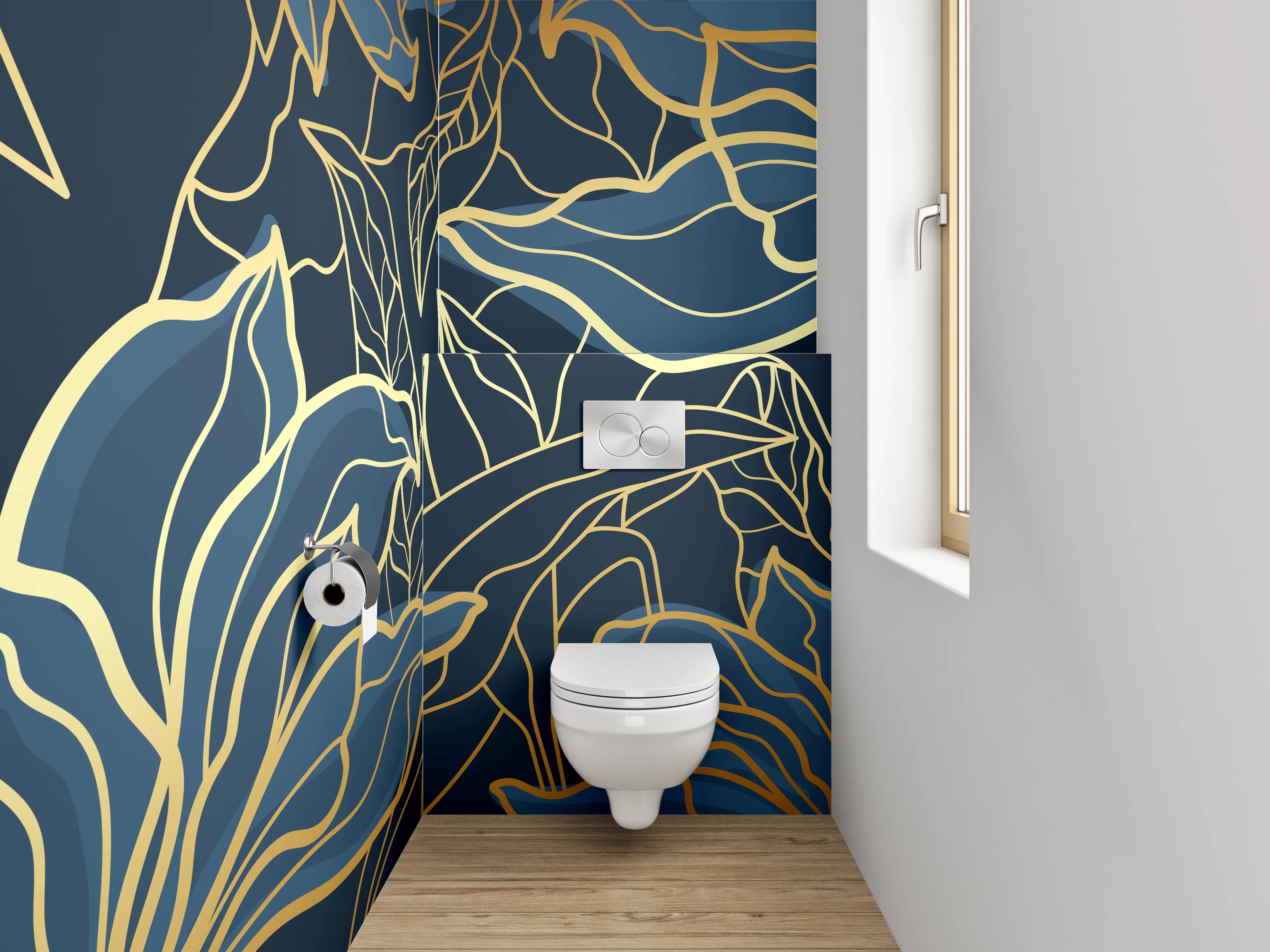 WC-Rückwand - Goldene Lineart-Blumen auf Dunkelblau