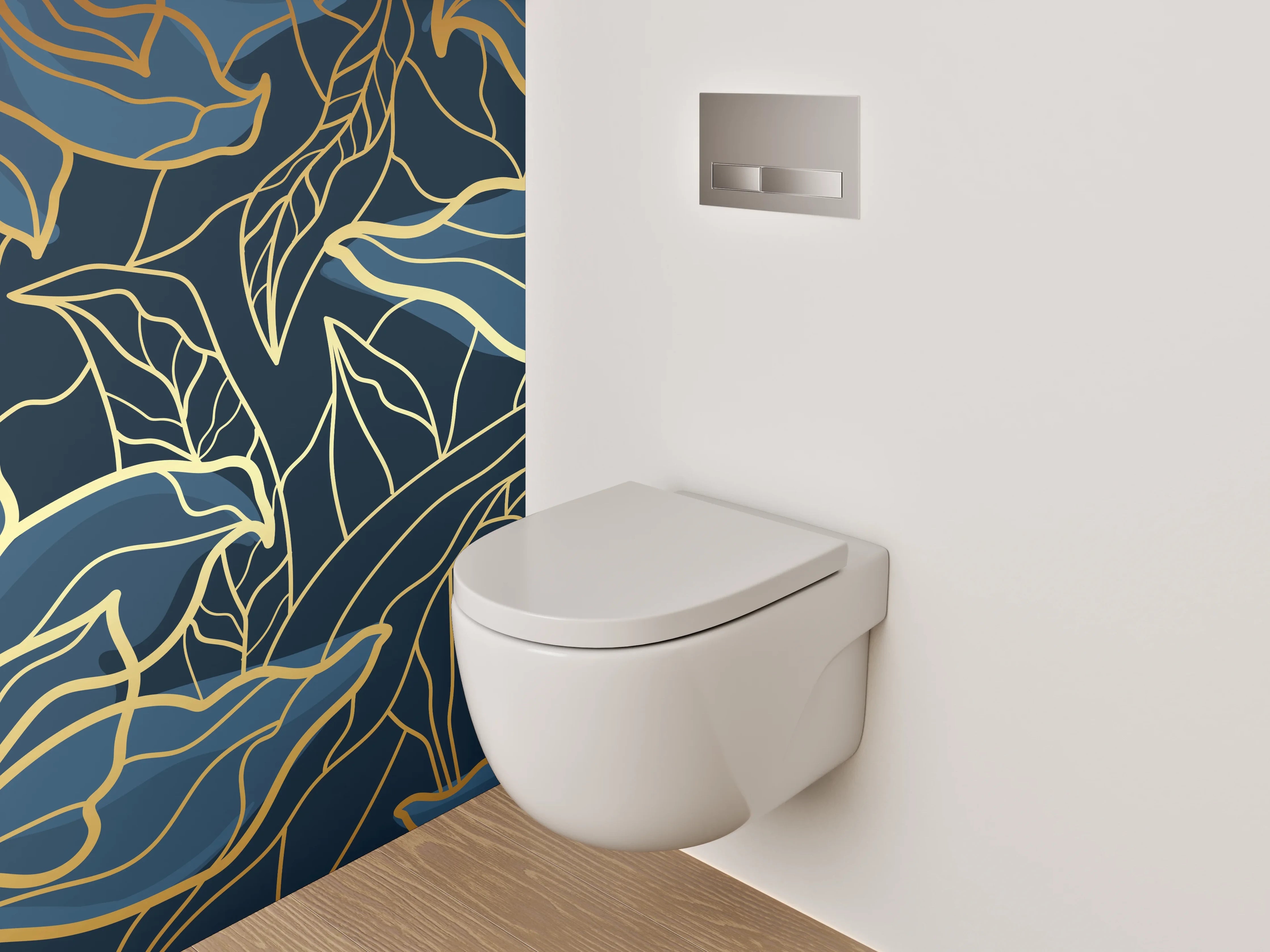 WC-Rückwand - Goldene Lineart-Blumen auf Dunkelblau