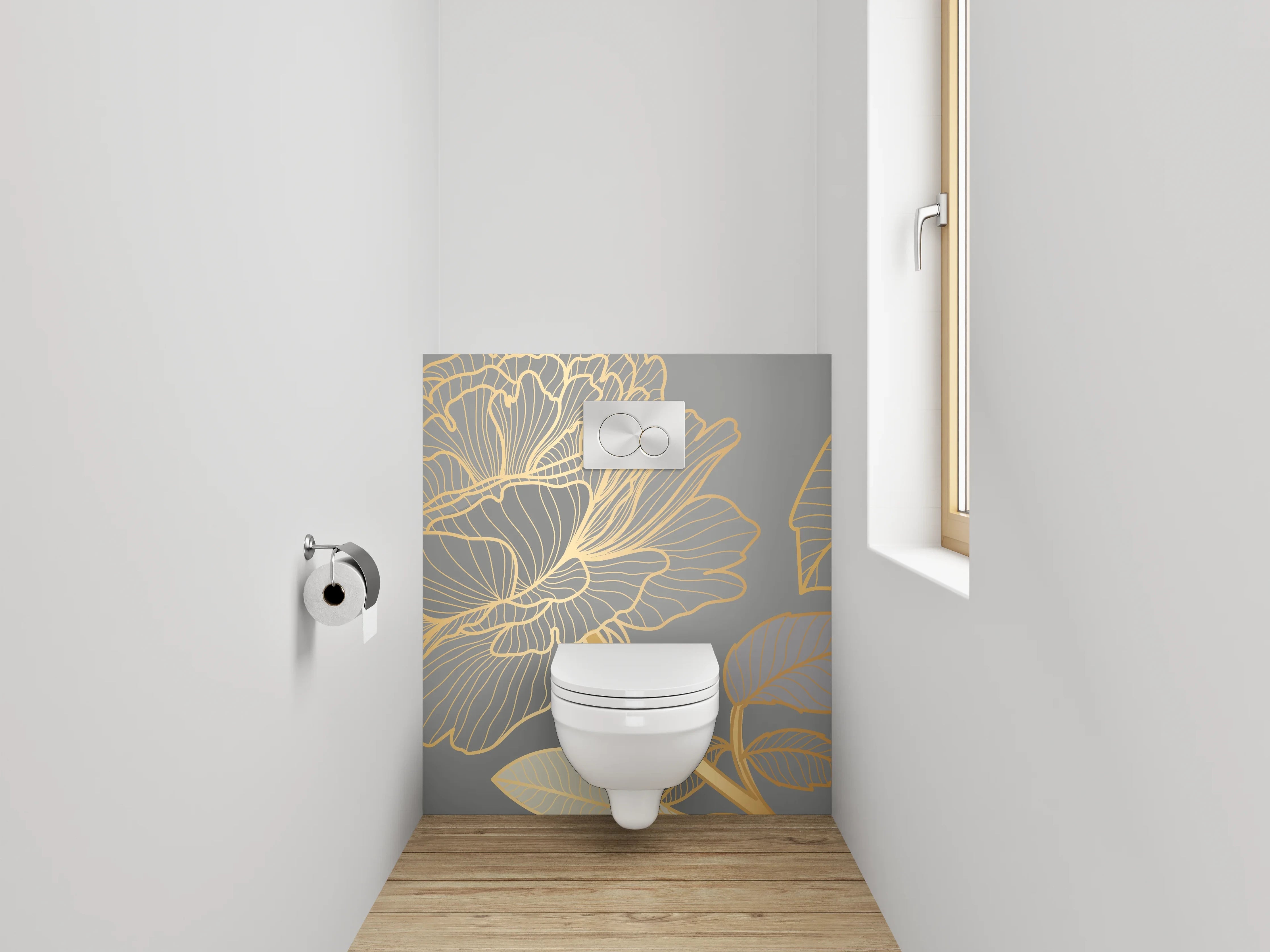 WC-Rückwand - Goldene Lineart-Blumen auf Grau