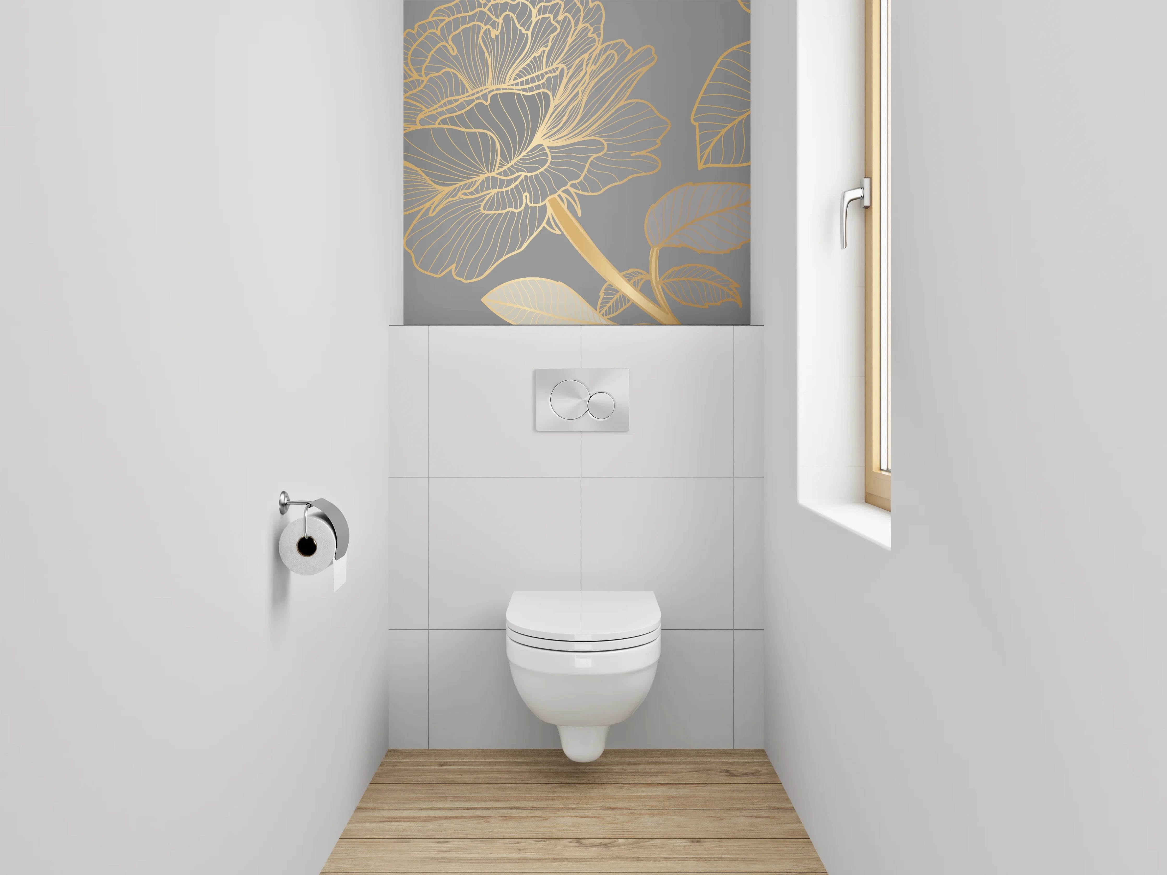 WC-Rückwand - Goldene Lineart-Blumen auf Grau