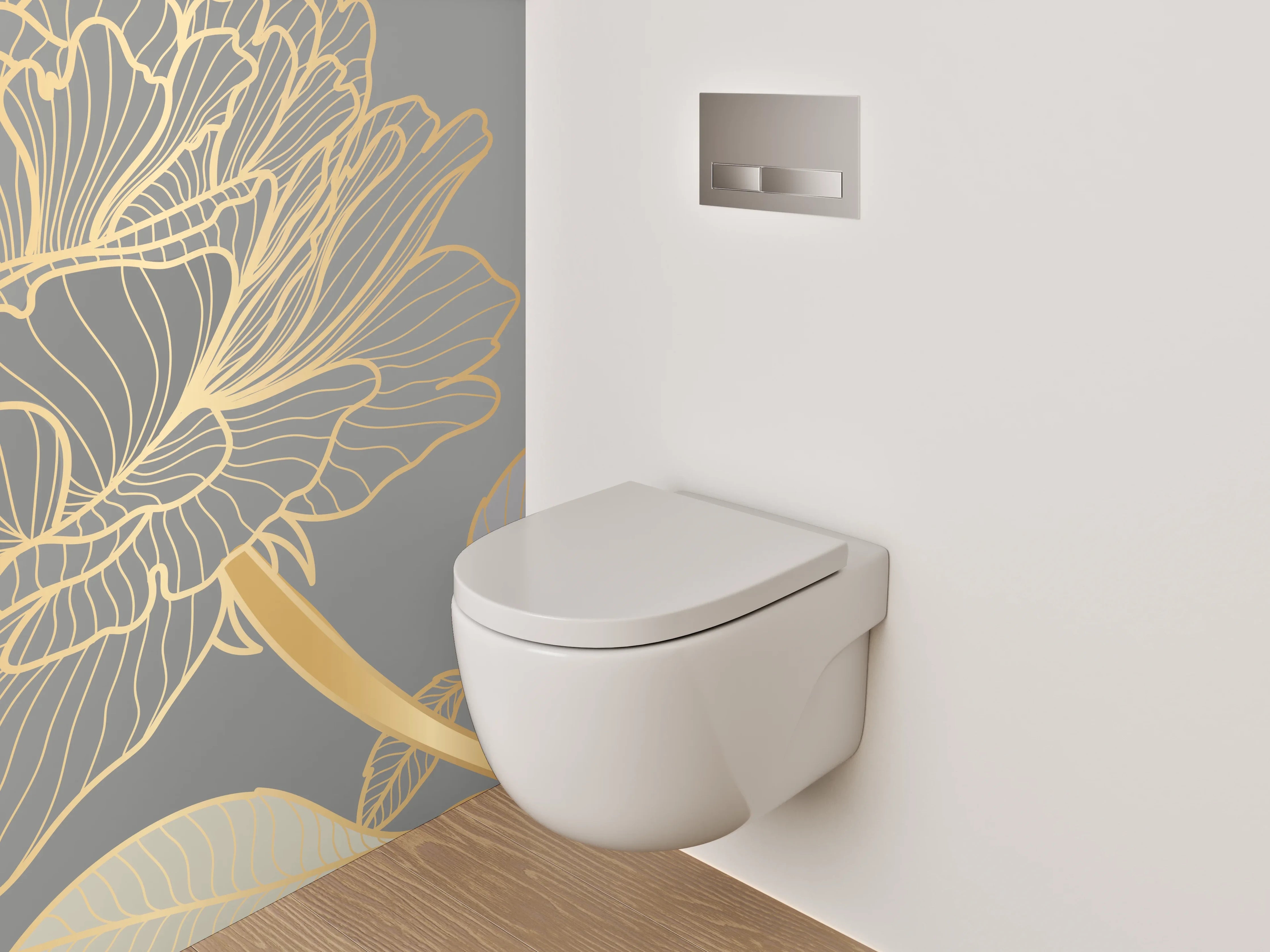 WC-Rückwand - Goldene Lineart-Blumen auf Grau