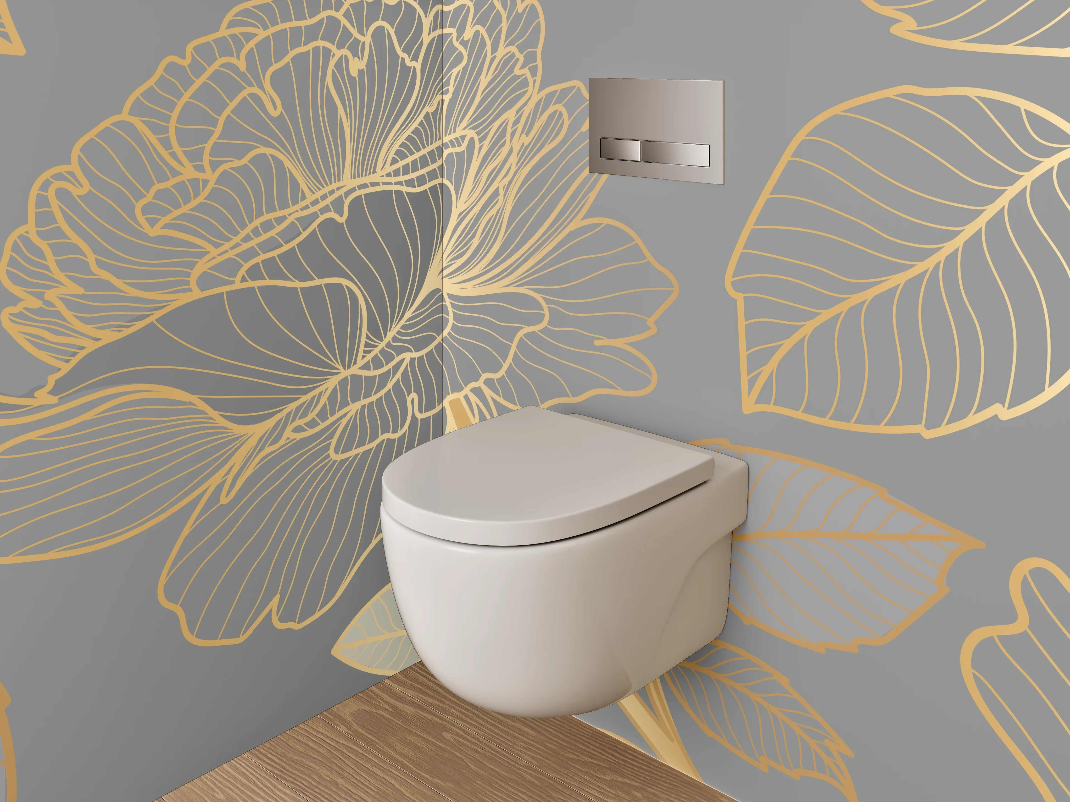 WC-Rückwand - Goldene Lineart-Blumen auf Grau