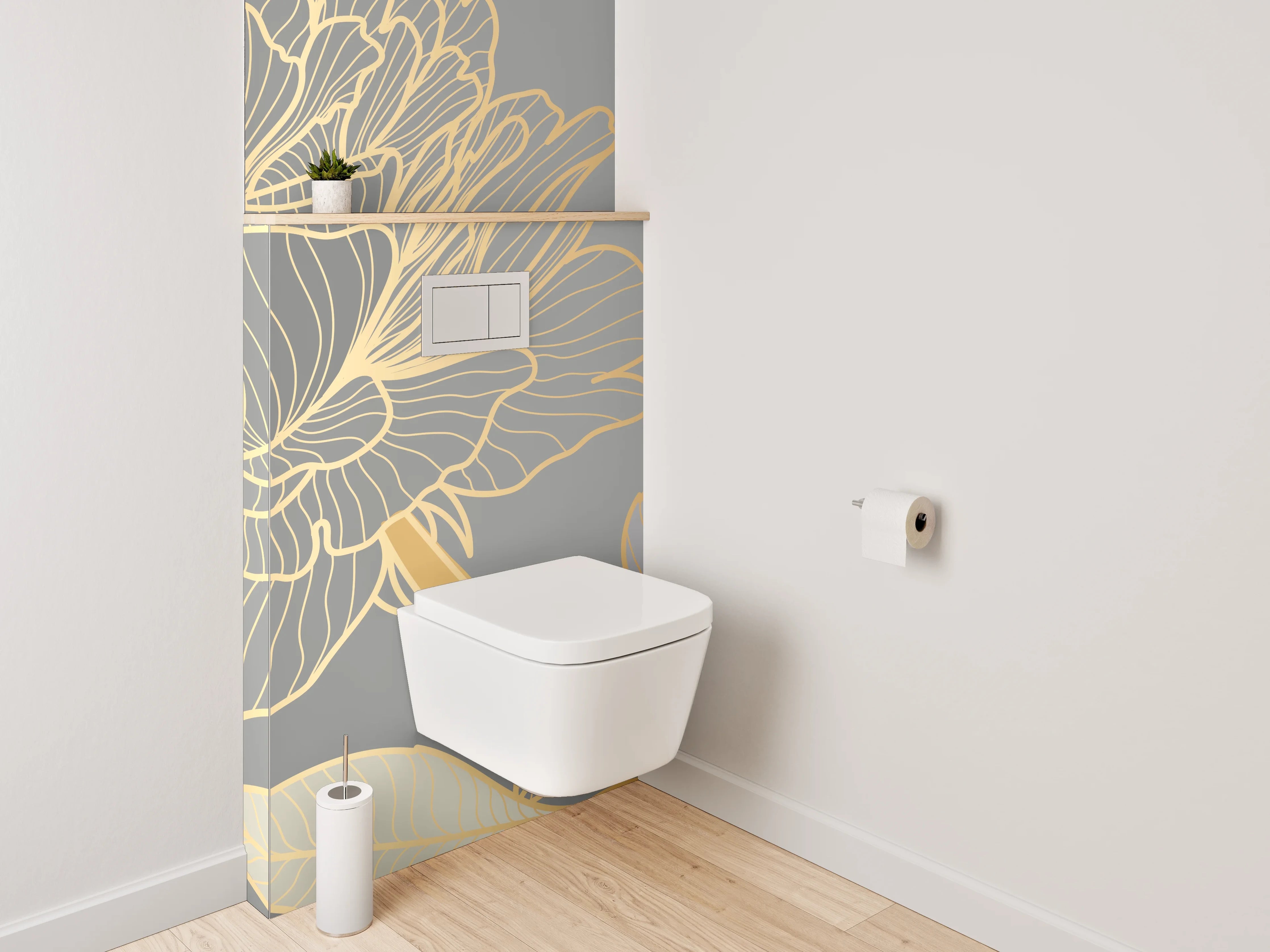 WC-Rückwand - Goldene Lineart-Blumen auf Grau