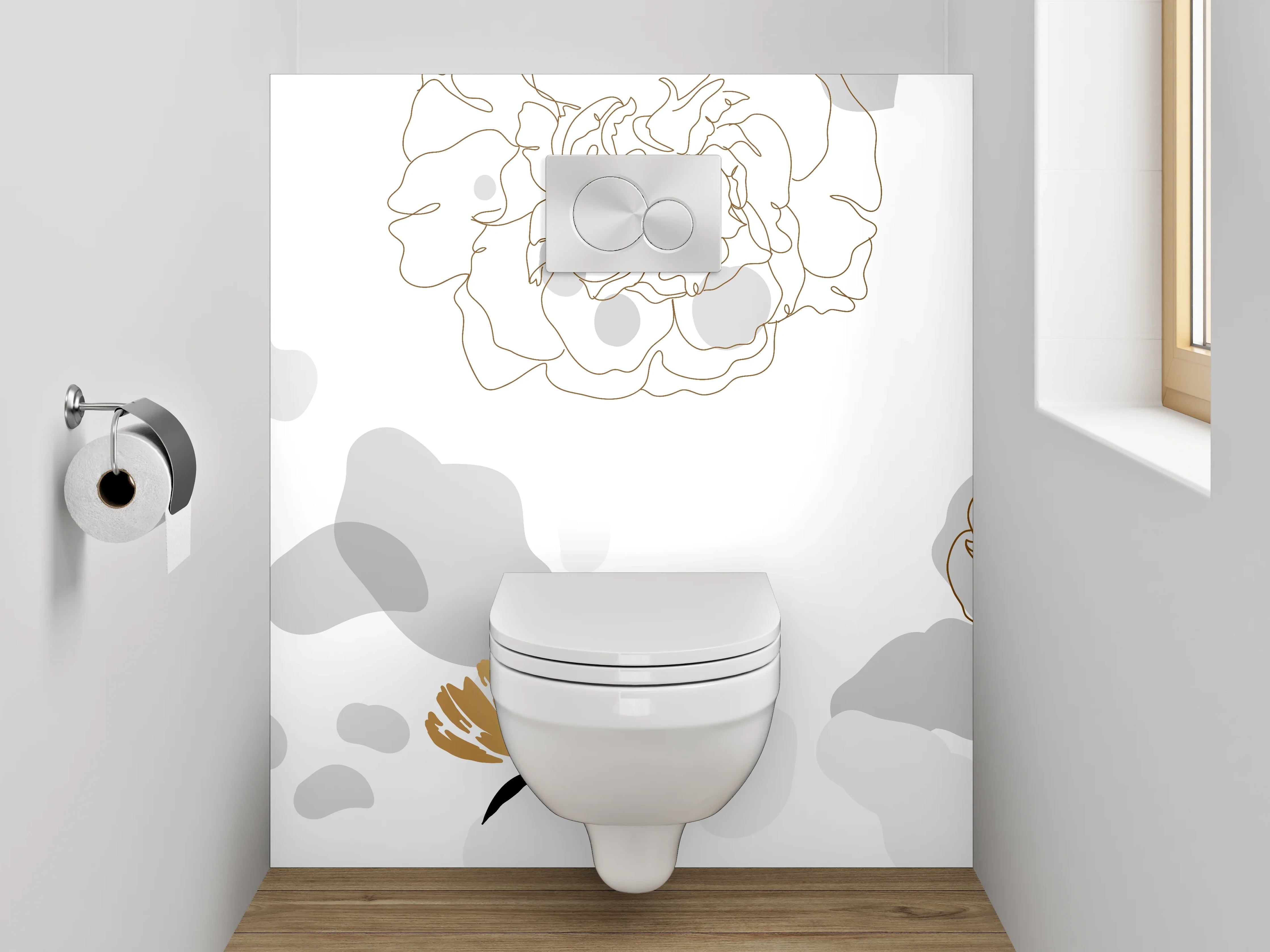 WC-Rückwand - Goldene Lineart Blumen auf Weiß