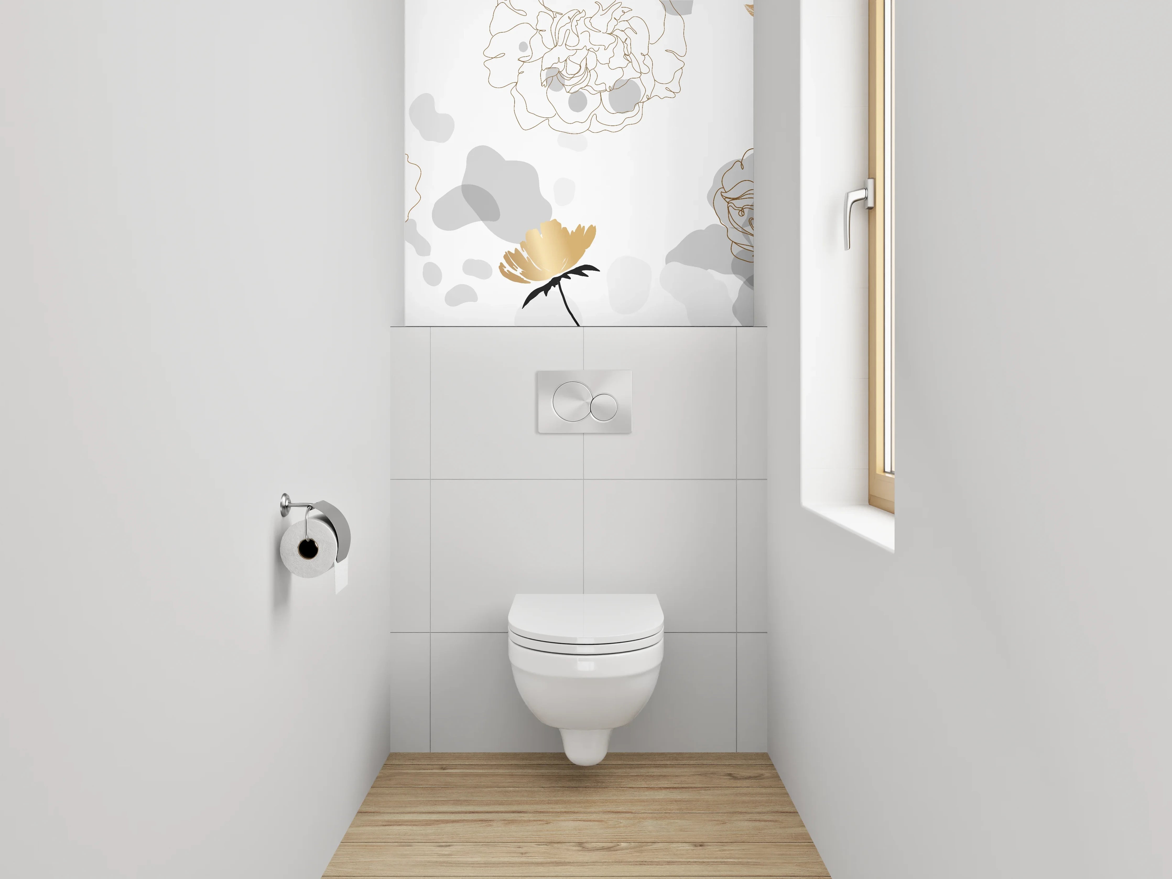 WC-Rückwand - Goldene Lineart Blumen auf Weiß