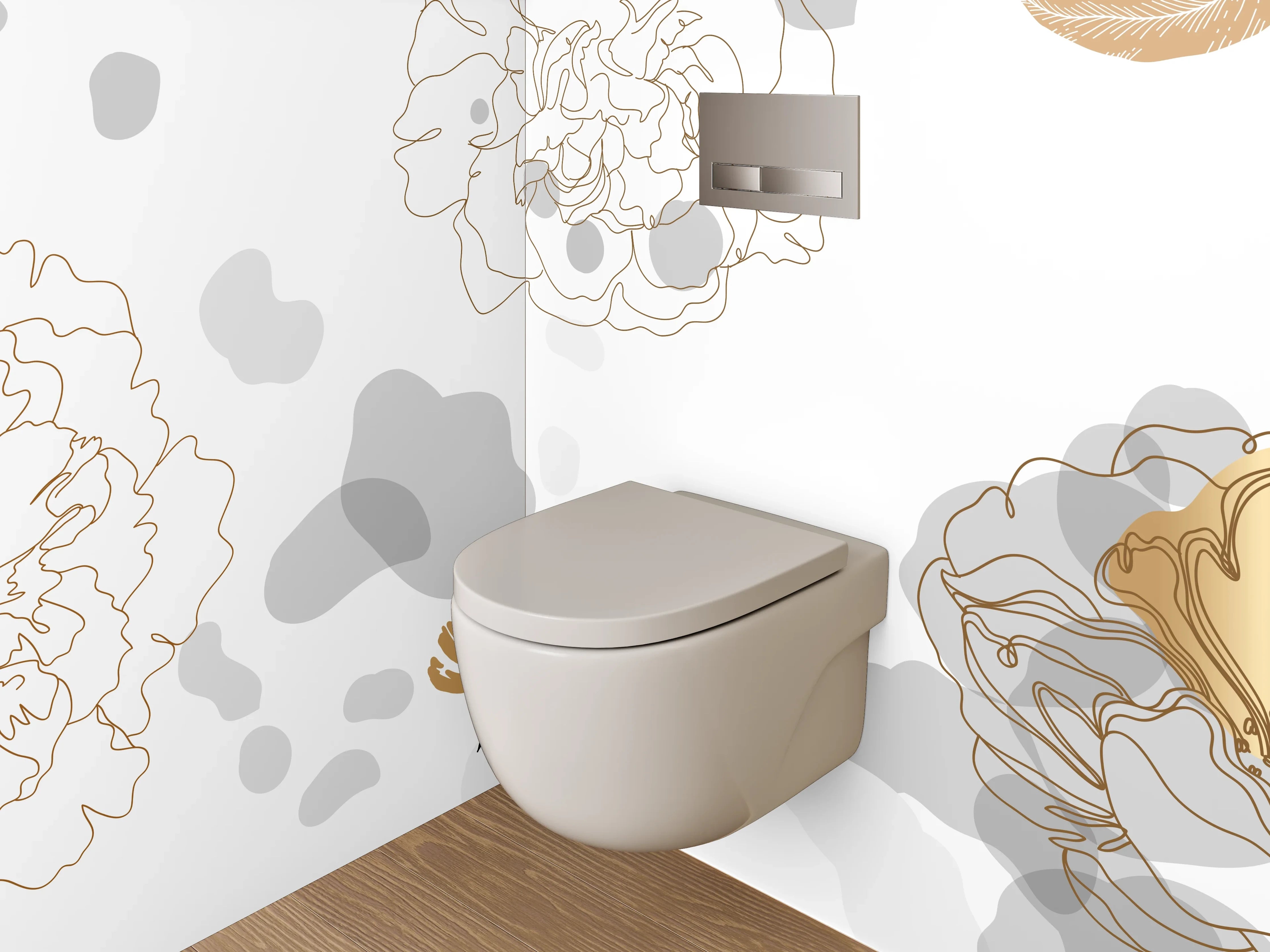 WC-Rückwand - Goldene Lineart Blumen auf Weiß