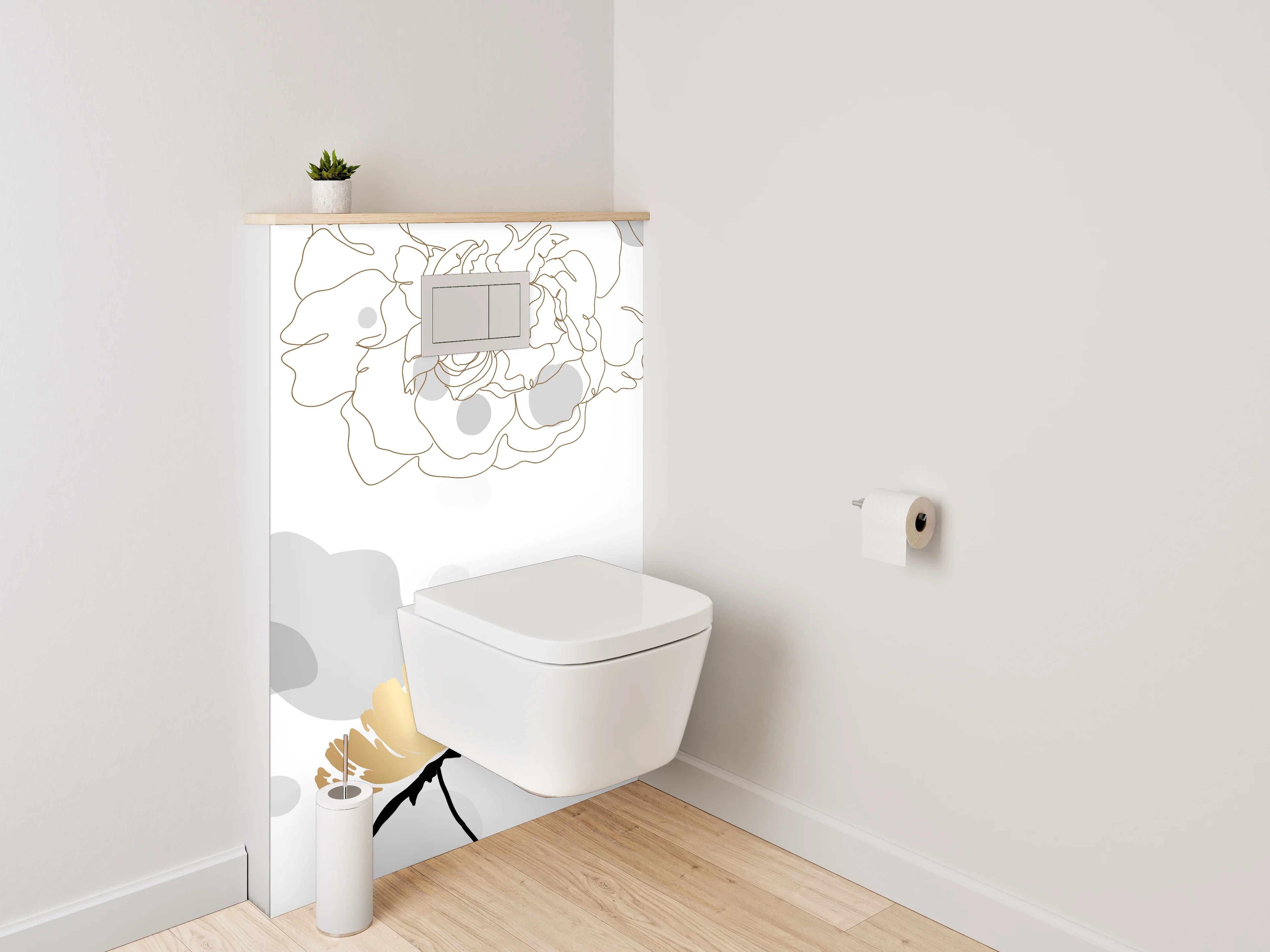 WC-Rückwand - Goldene Lineart Blumen auf Weiß