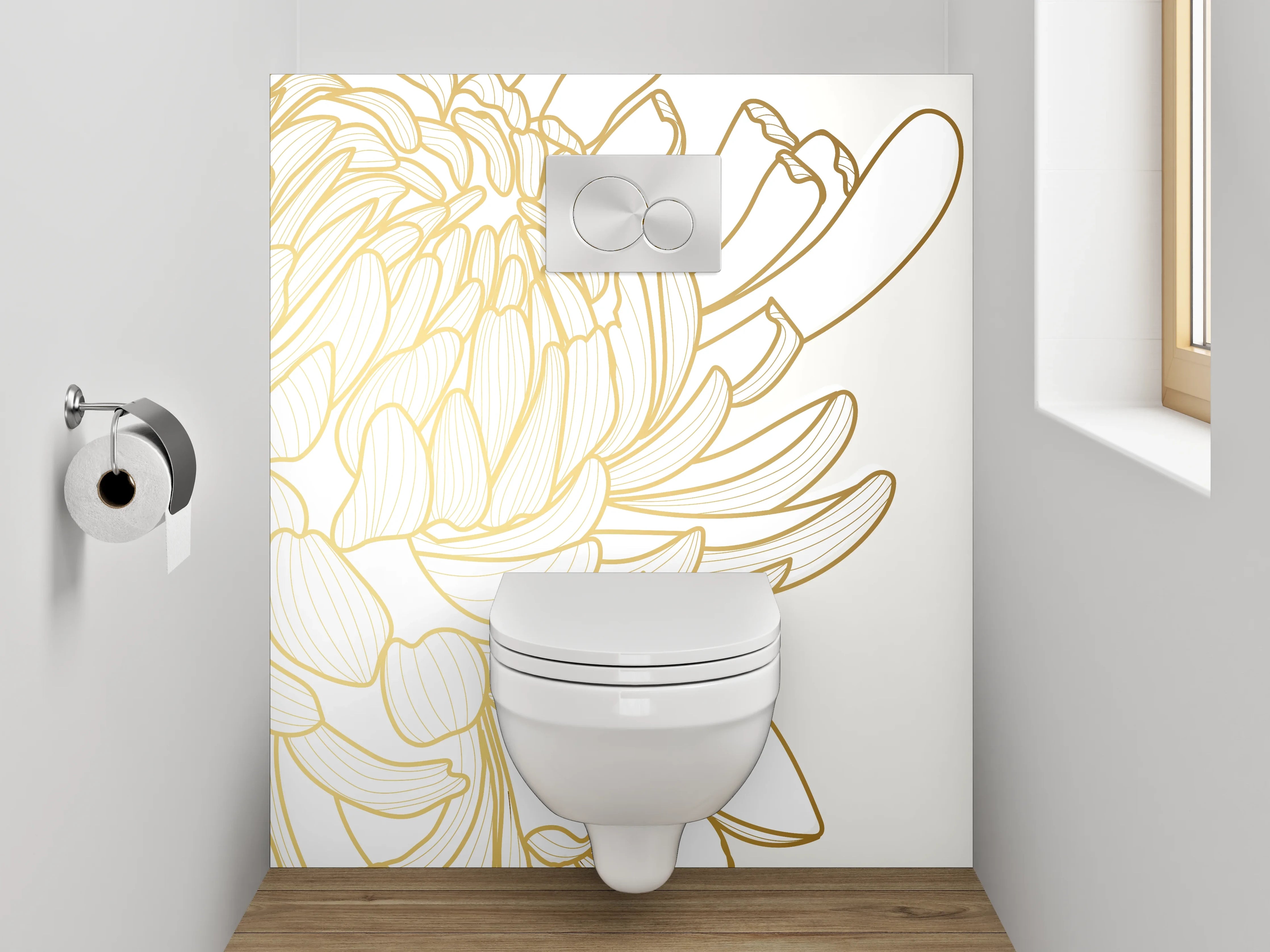 WC-Rückwand - Goldene Lineart Chrysanthemen Blüten Weiß Gold