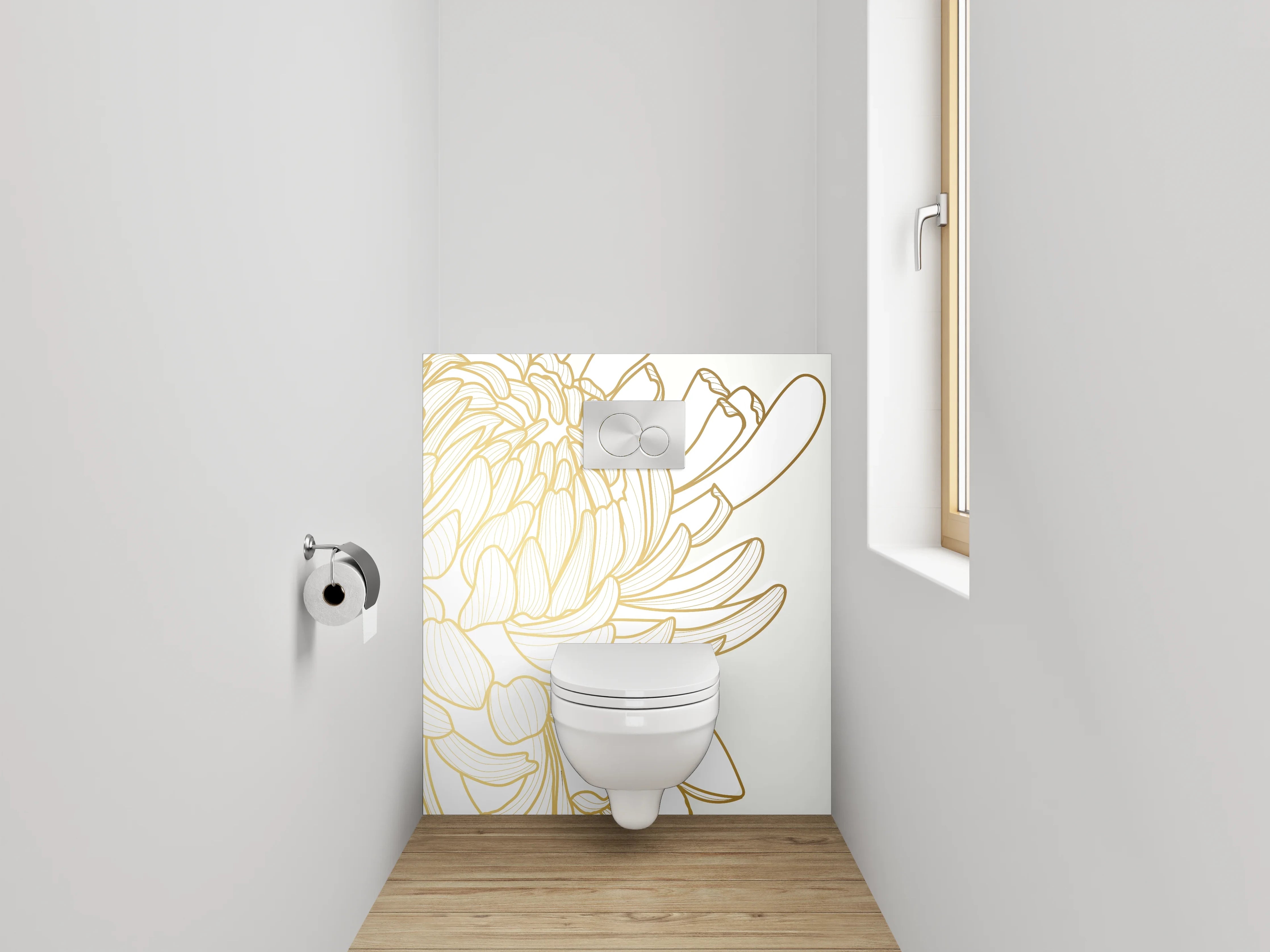 WC-Rückwand - Goldene Lineart Chrysanthemen Blüten Weiß Gold
