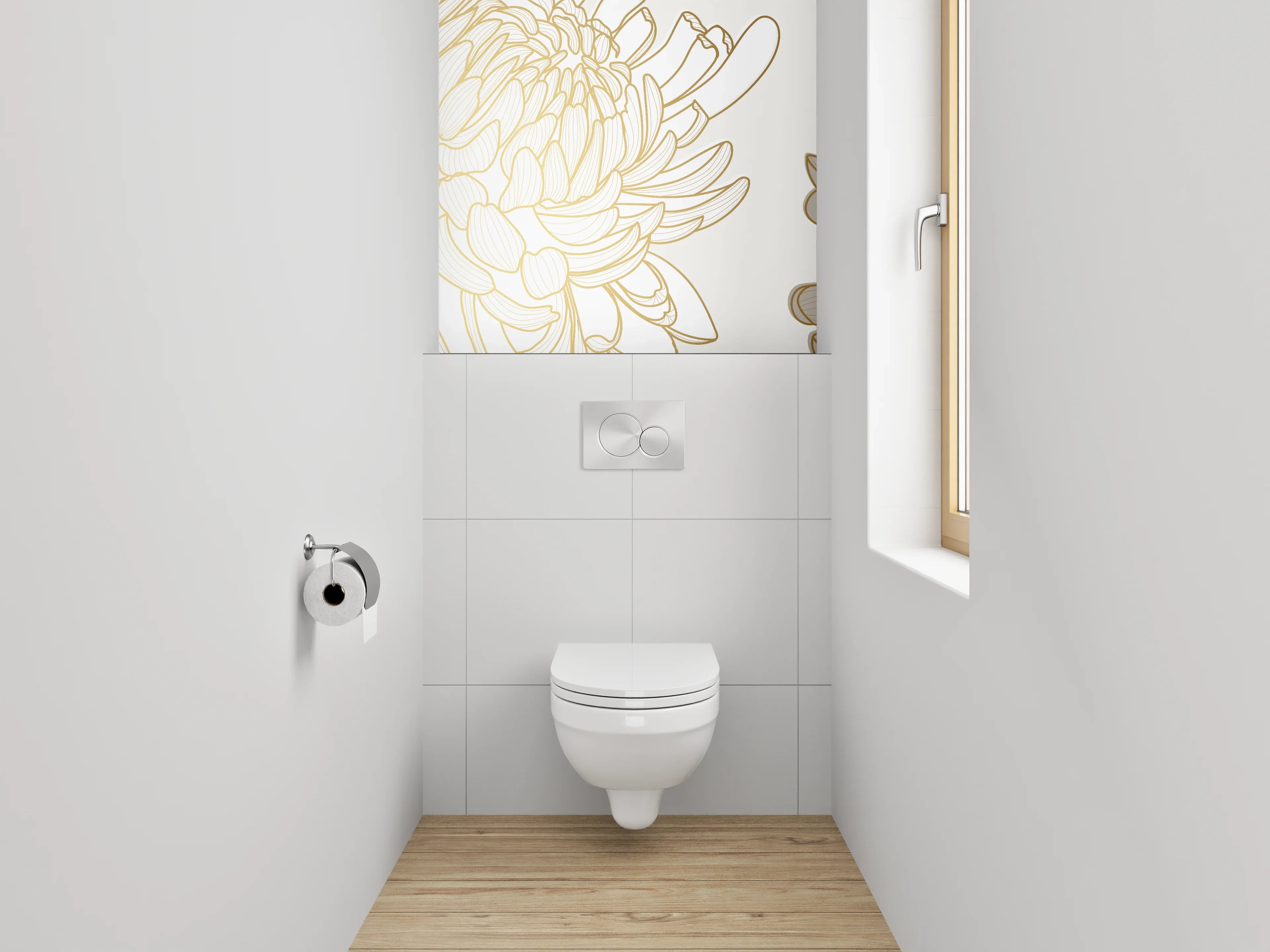 WC-Rückwand - Goldene Lineart Chrysanthemen Blüten Weiß Gold