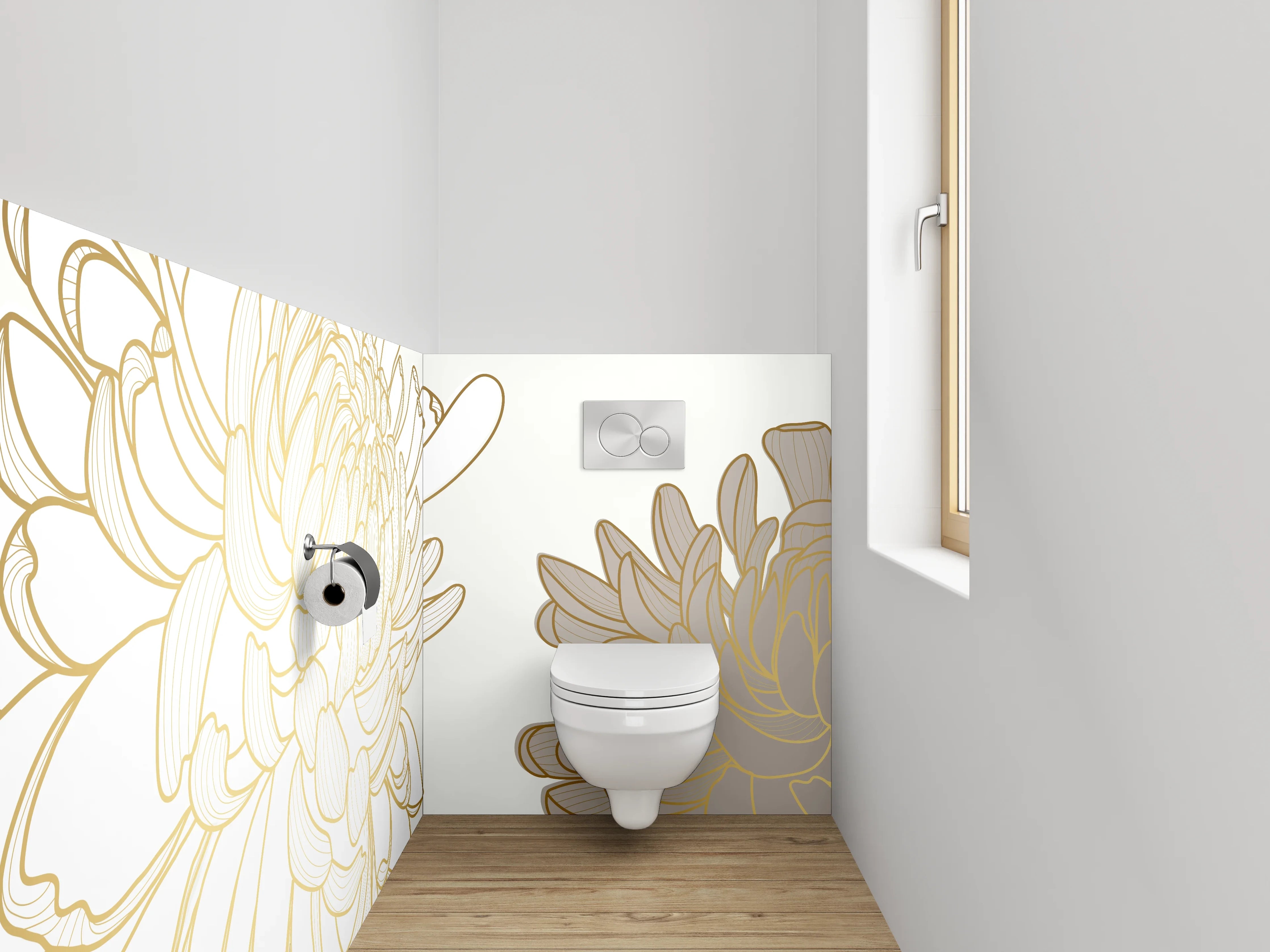WC-Rückwand - Goldene Lineart Chrysanthemen Blüten Weiß Gold
