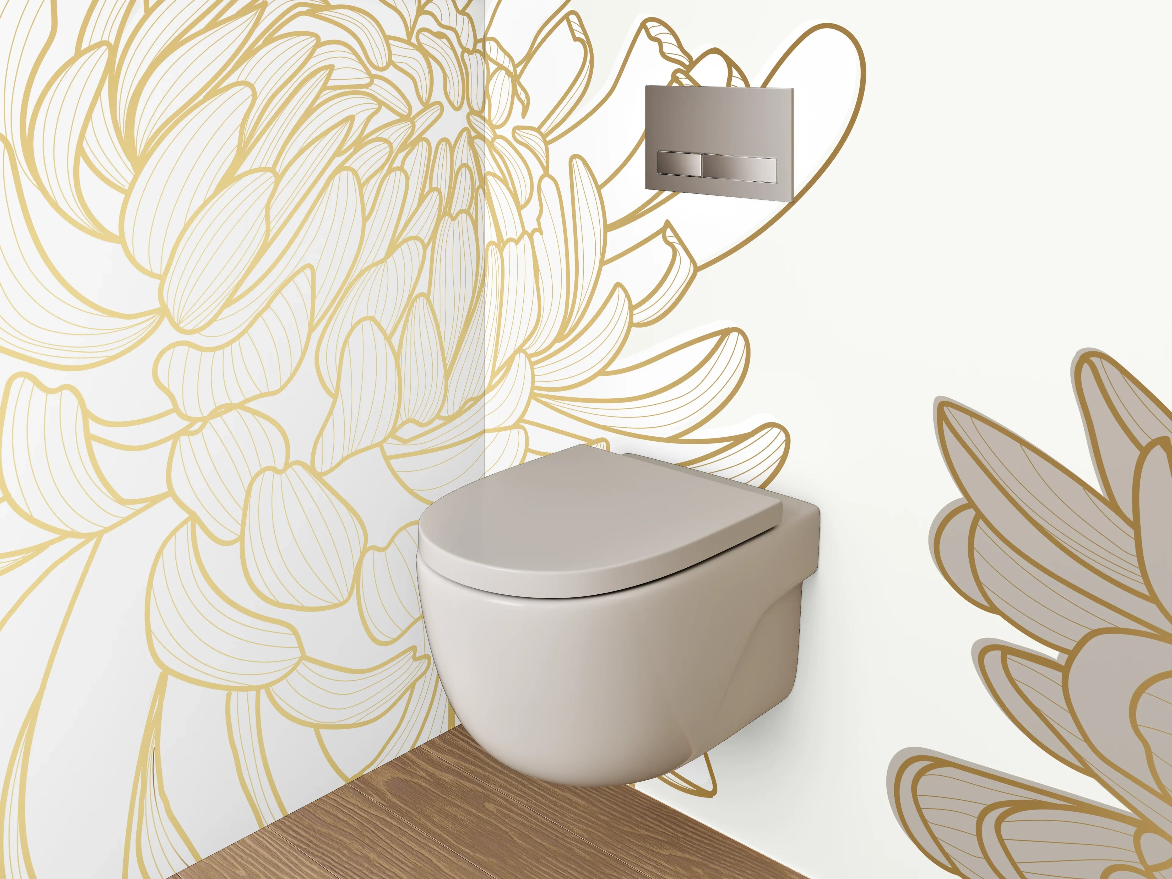 WC-Rückwand - Goldene Lineart Chrysanthemen Blüten Weiß Gold