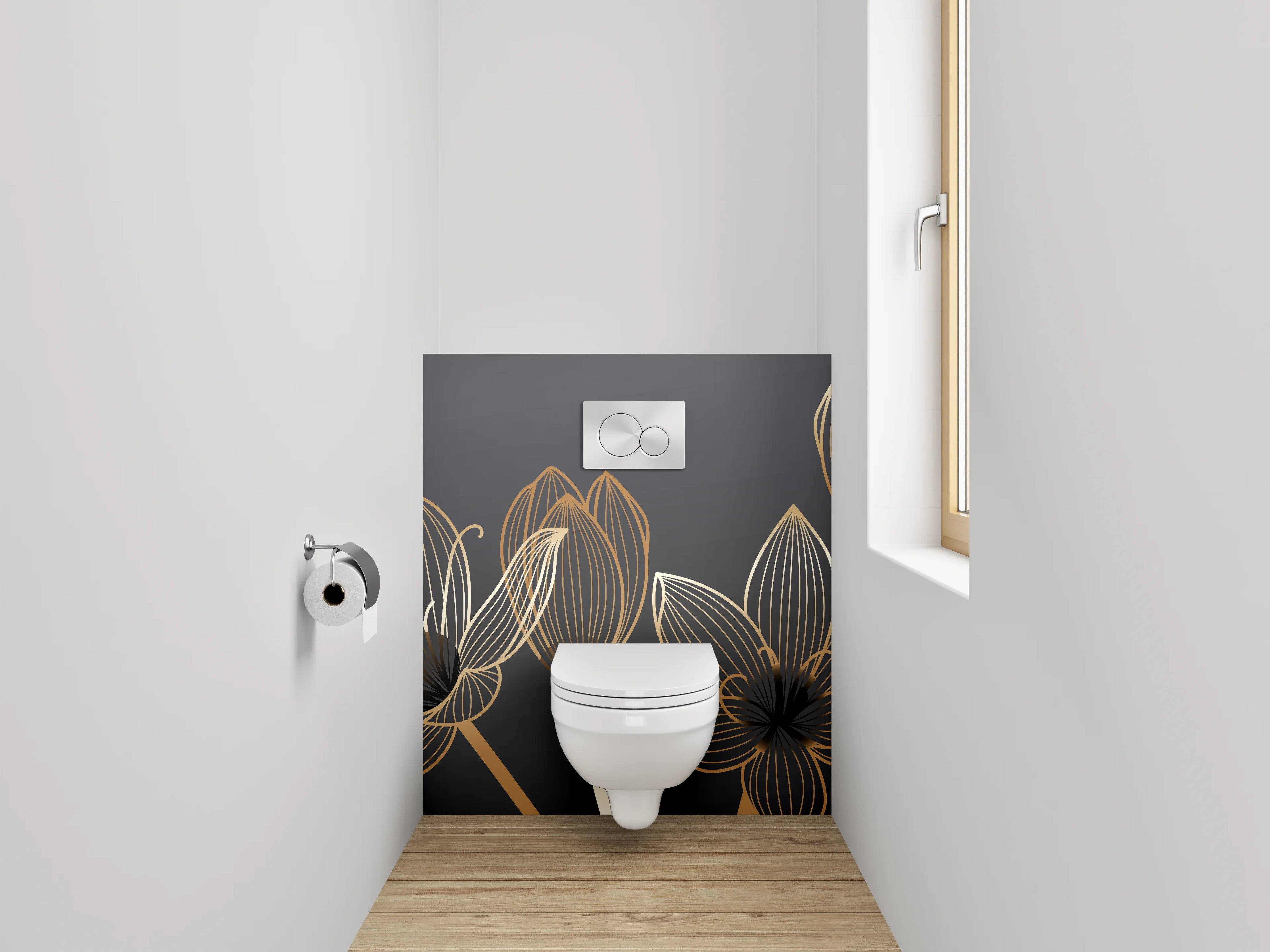 WC-Rückwand - Goldene Lineart-Lotusblüten auf Dunkelgrau