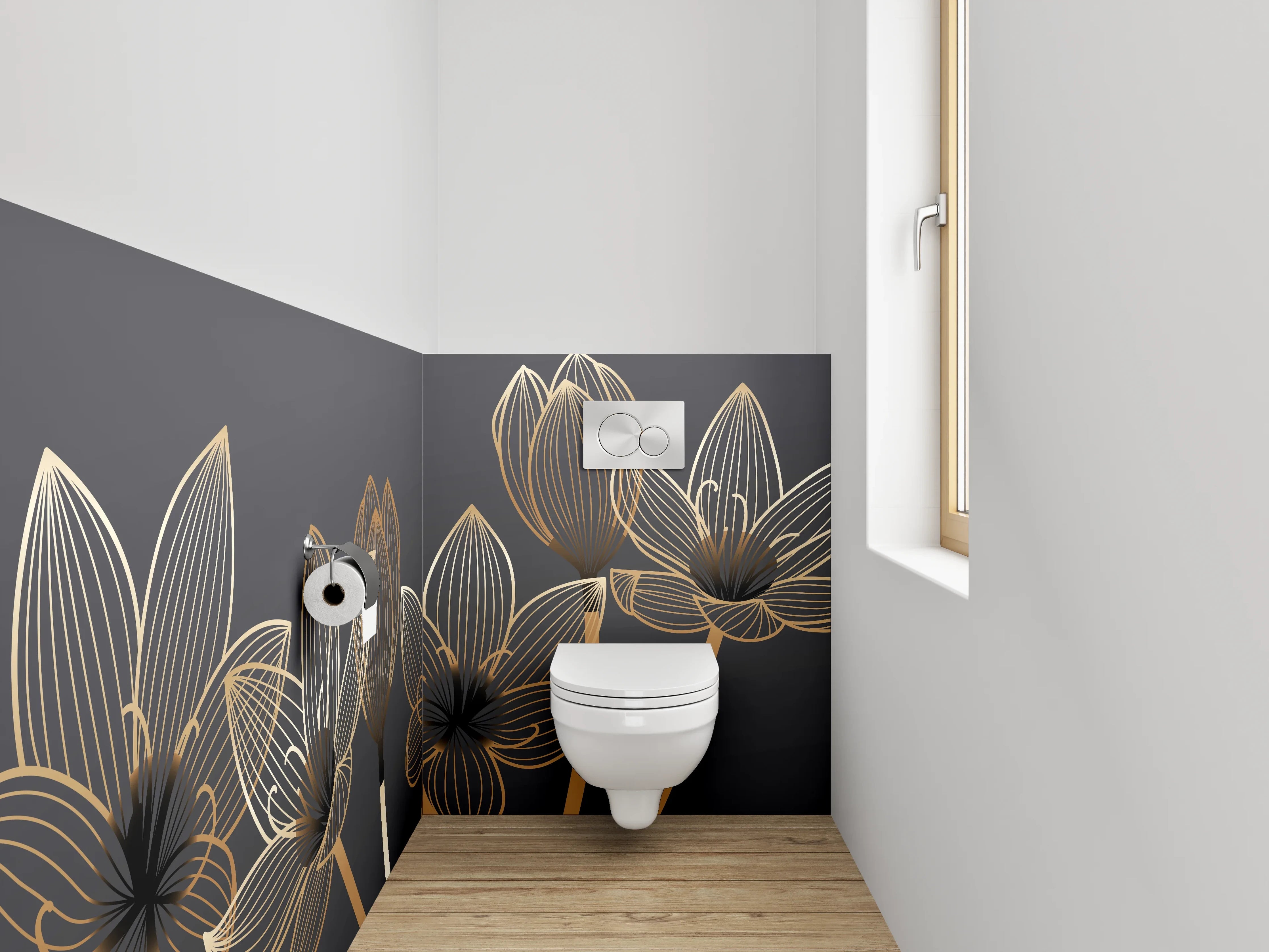 WC-Rückwand - Goldene Lineart-Lotusblüten auf Dunkelgrau
