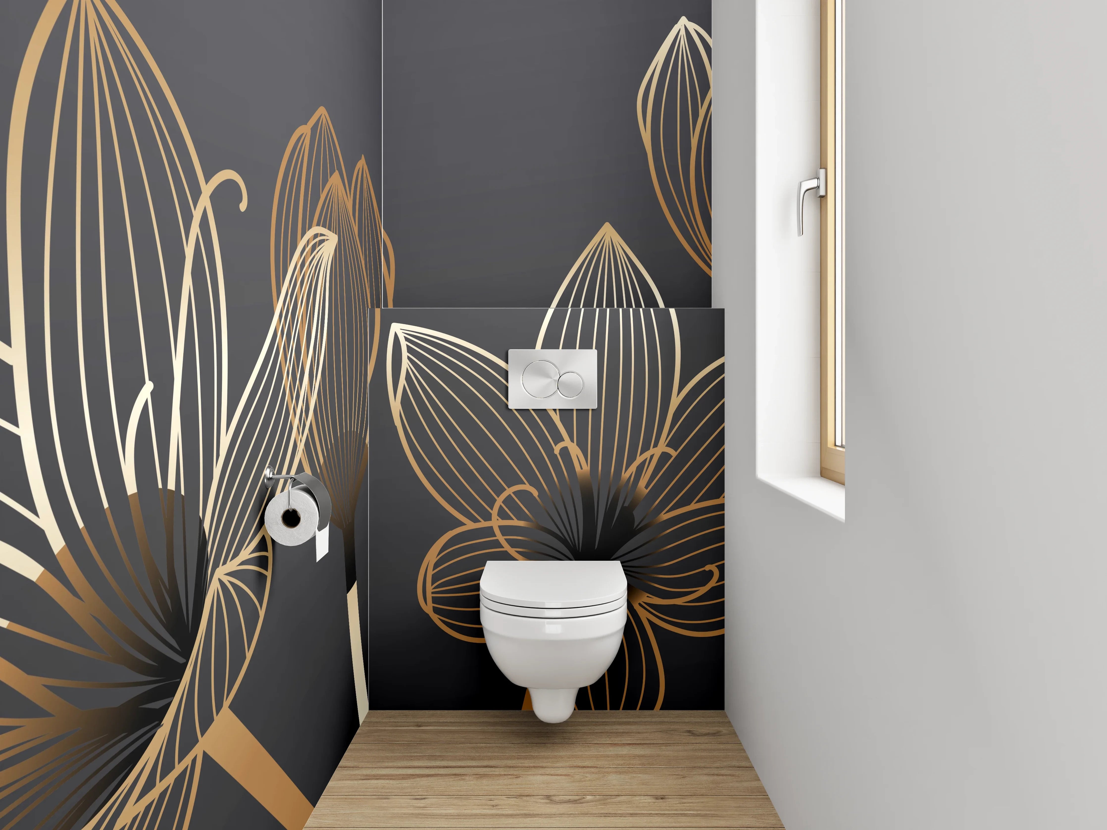 WC-Rückwand - Goldene Lineart-Lotusblüten auf Dunkelgrau