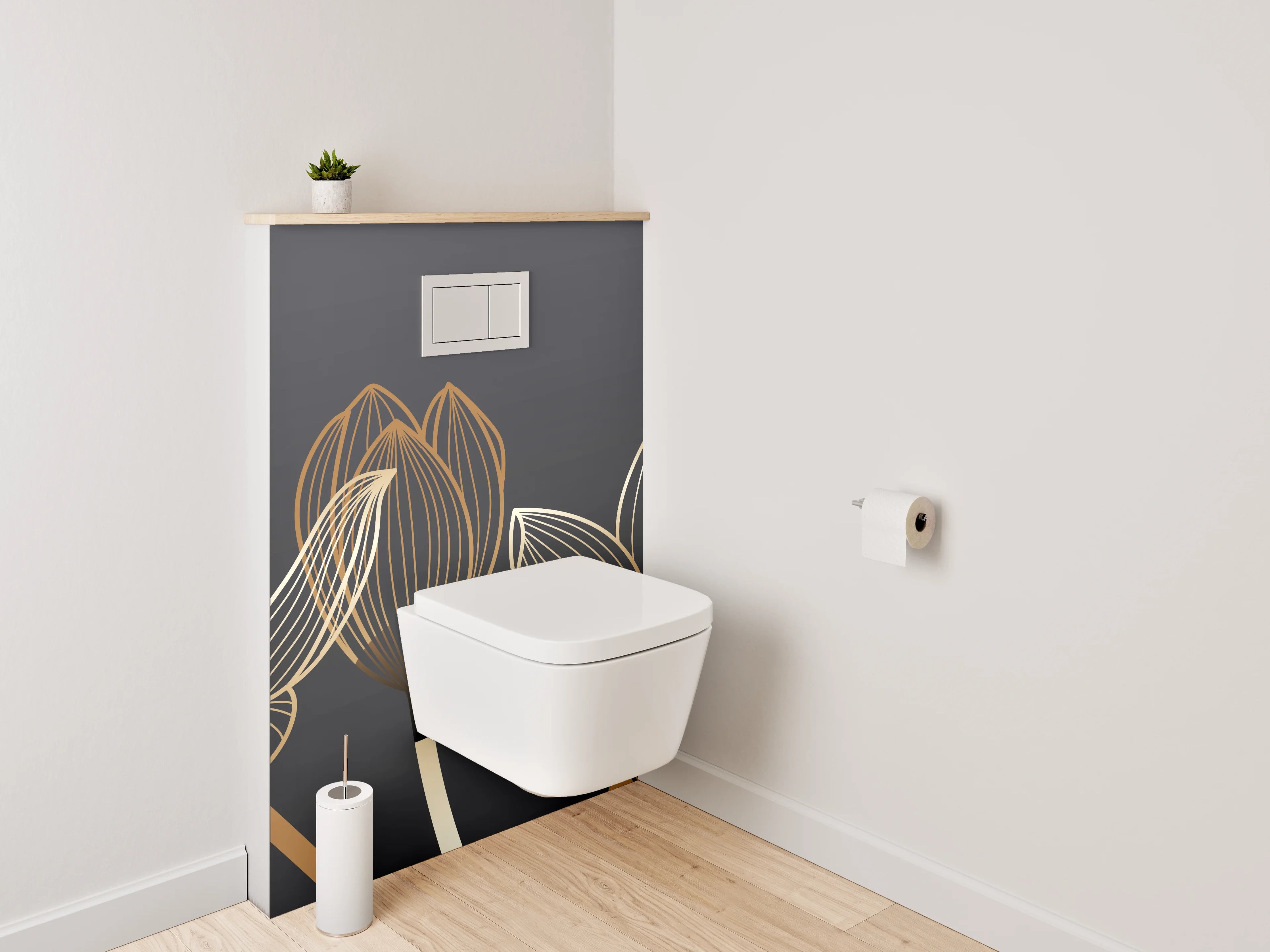 WC-Rückwand - Goldene Lineart-Lotusblüten auf Dunkelgrau