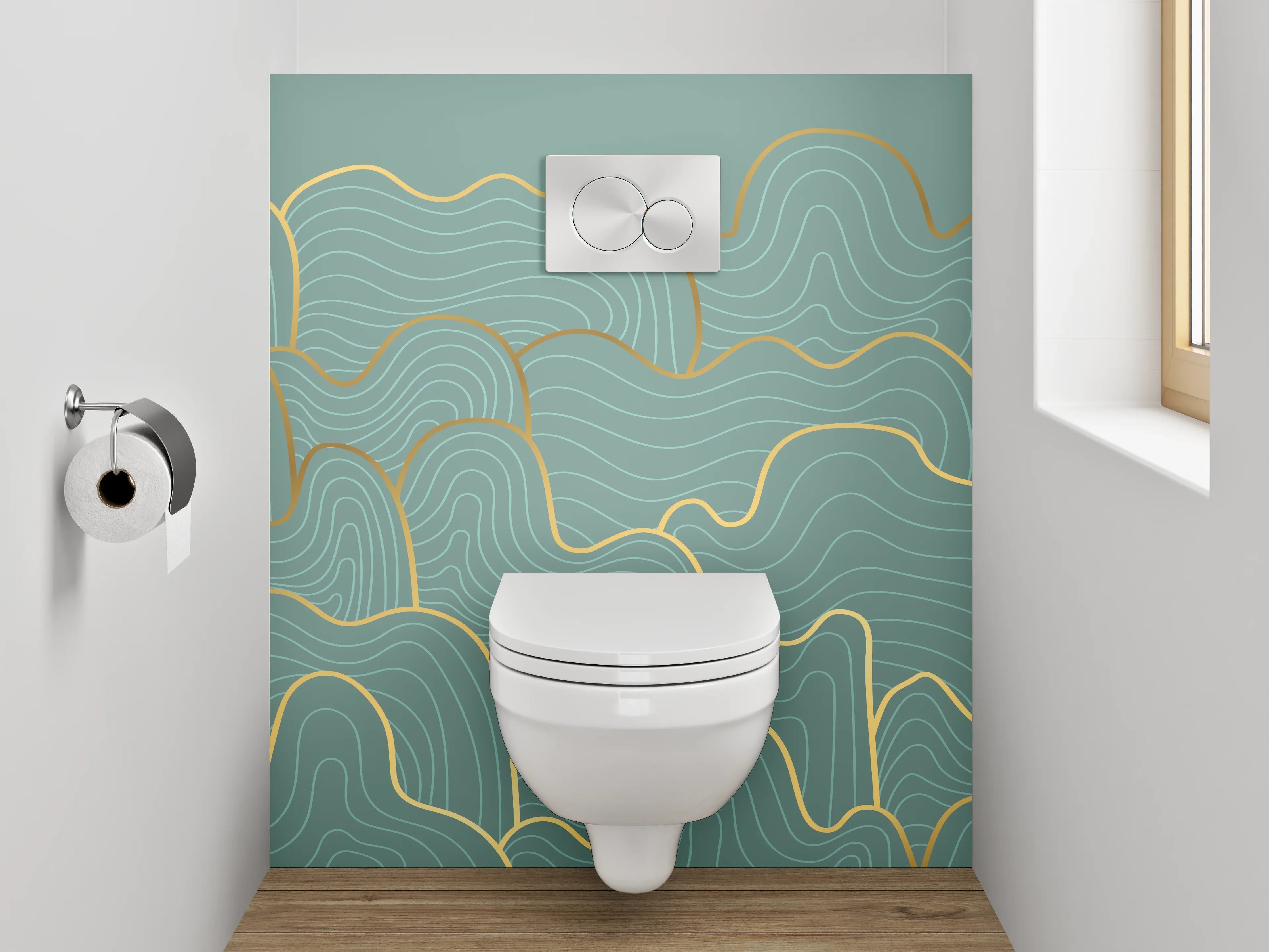 WC-Rückwand - Goldene Lineart Wellen Abstrakt
